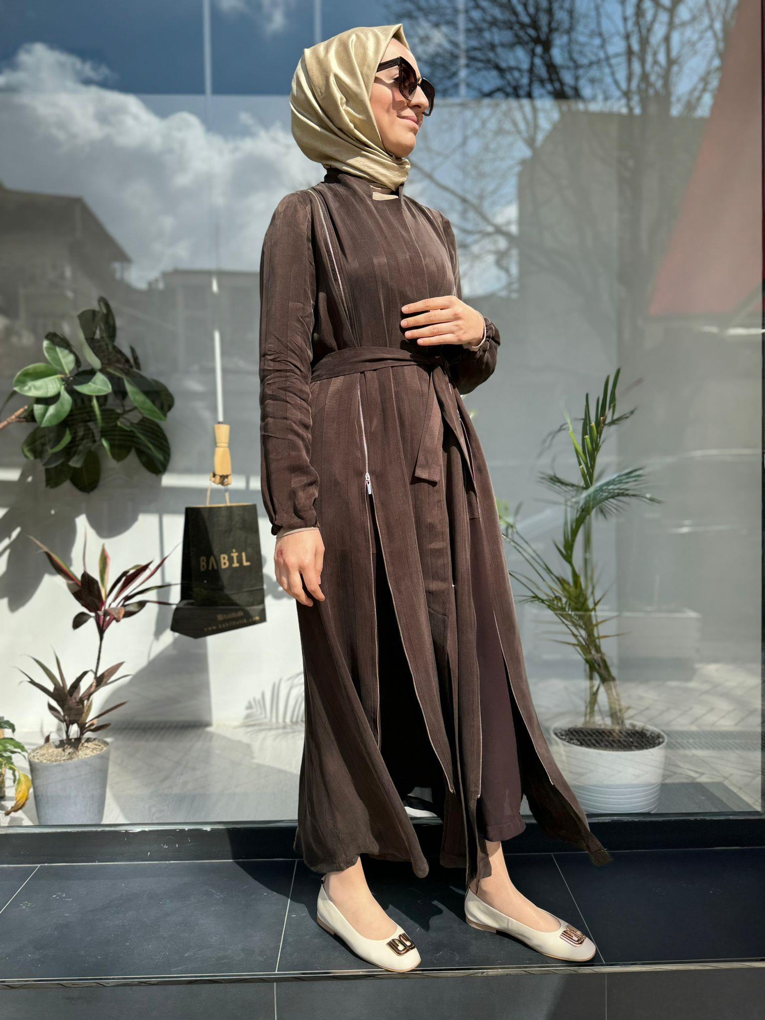 Misswhence Şeritli Fermuarlı Ferace Kahve 35505