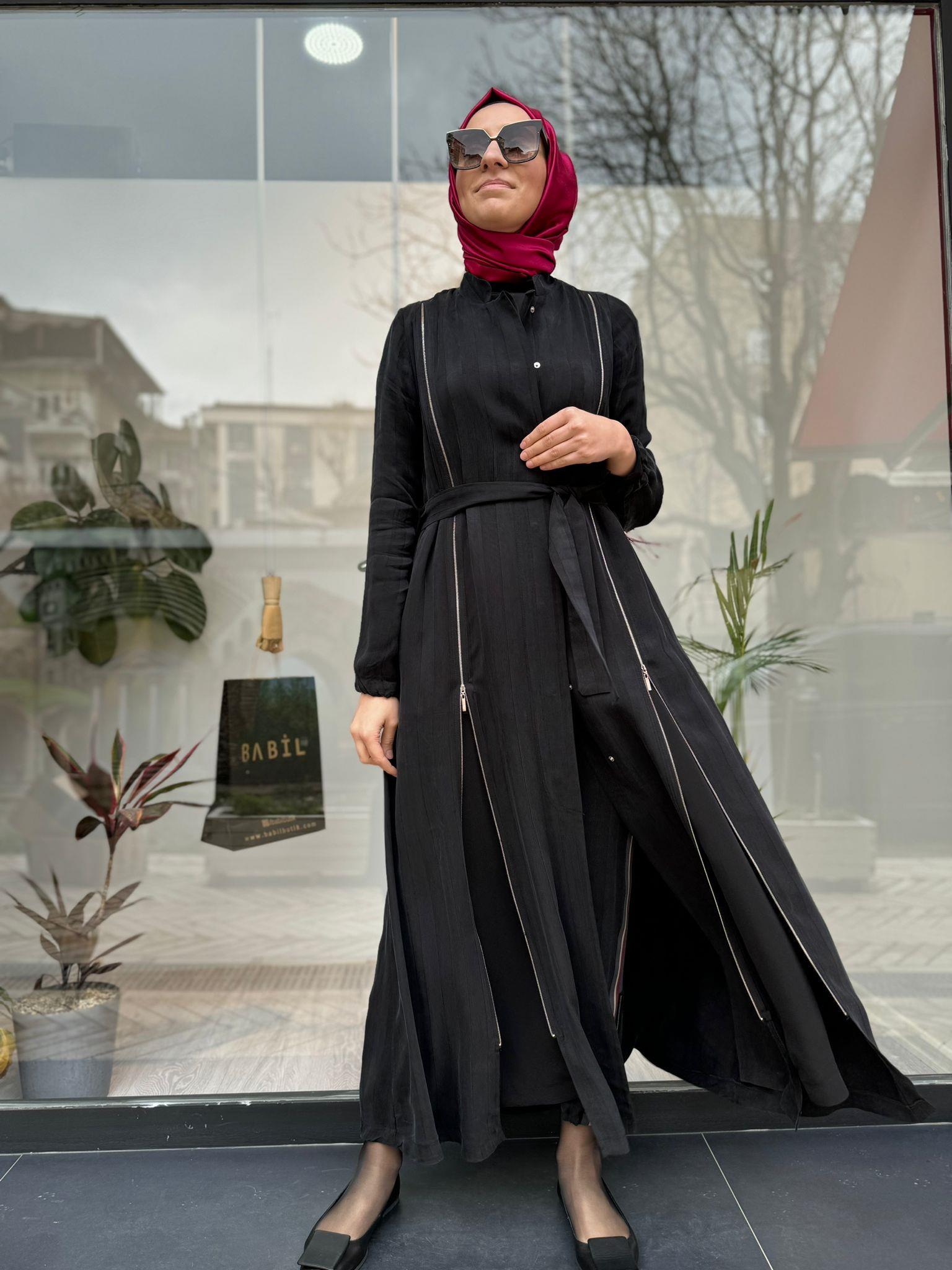 Misswhence Şeritli Fermuarlı Ferace Siyah 35505