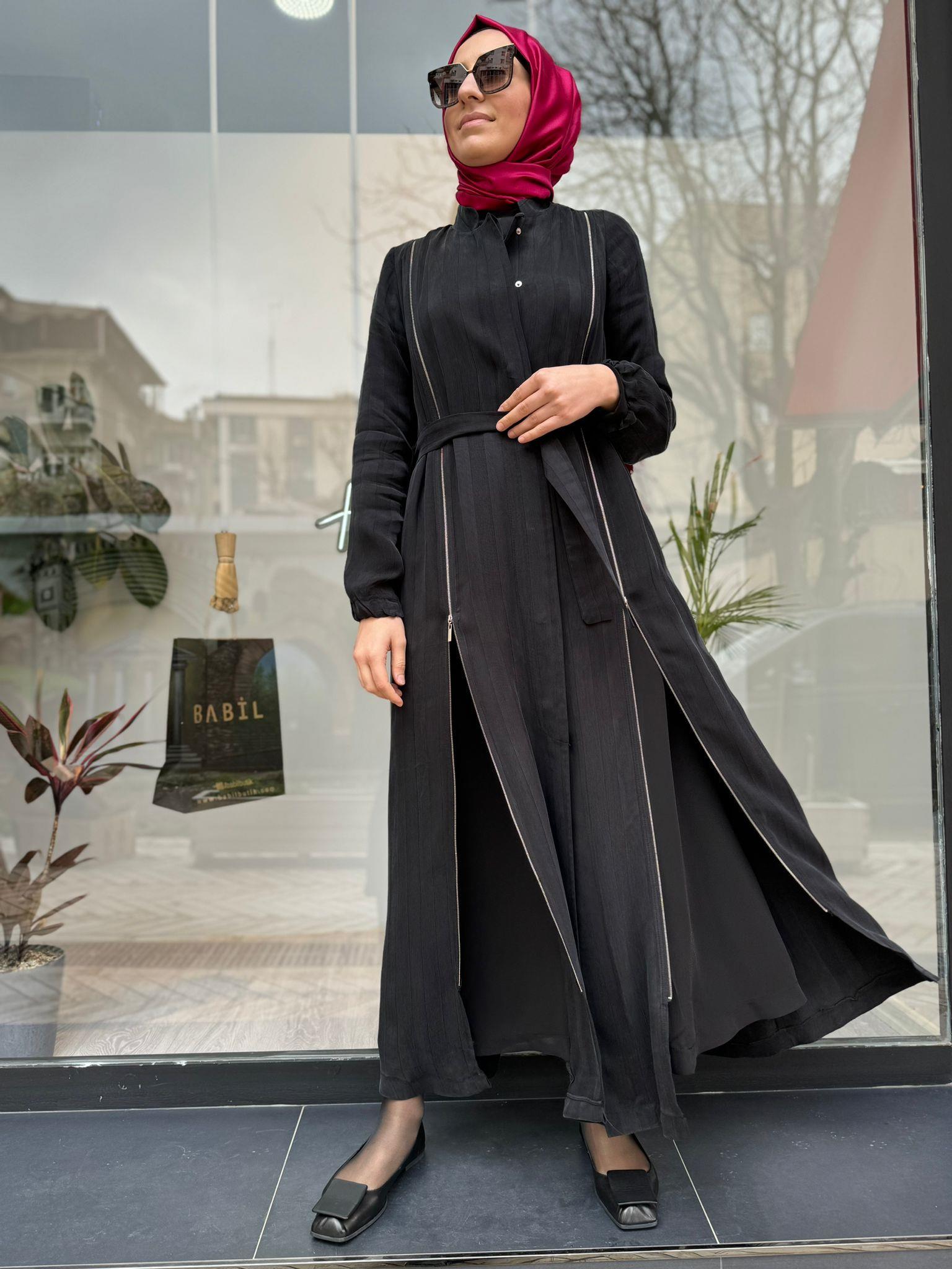 Misswhence Şeritli Fermuarlı Ferace Siyah 35505