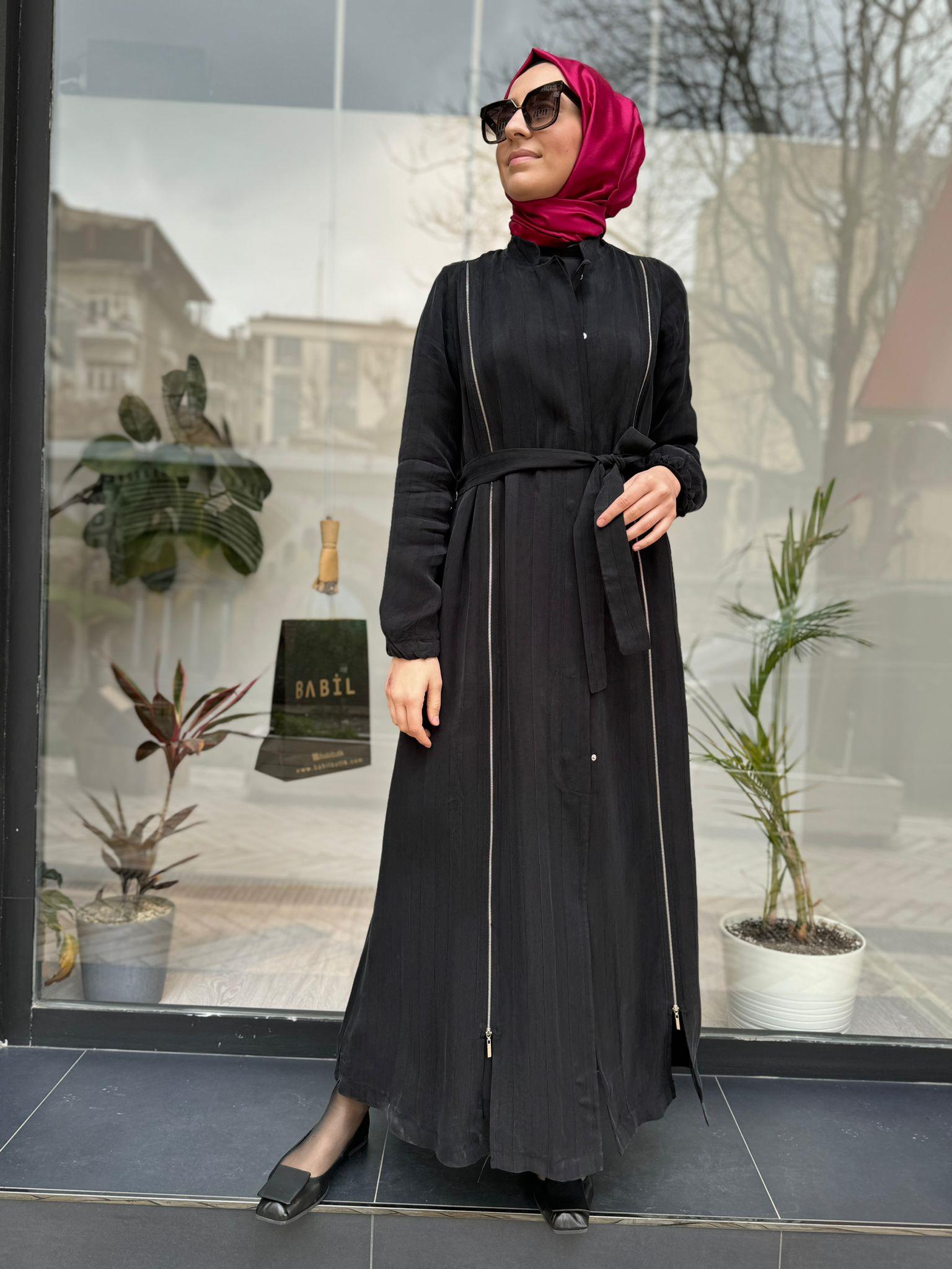 Misswhence Şeritli Fermuarlı Ferace Siyah 35505