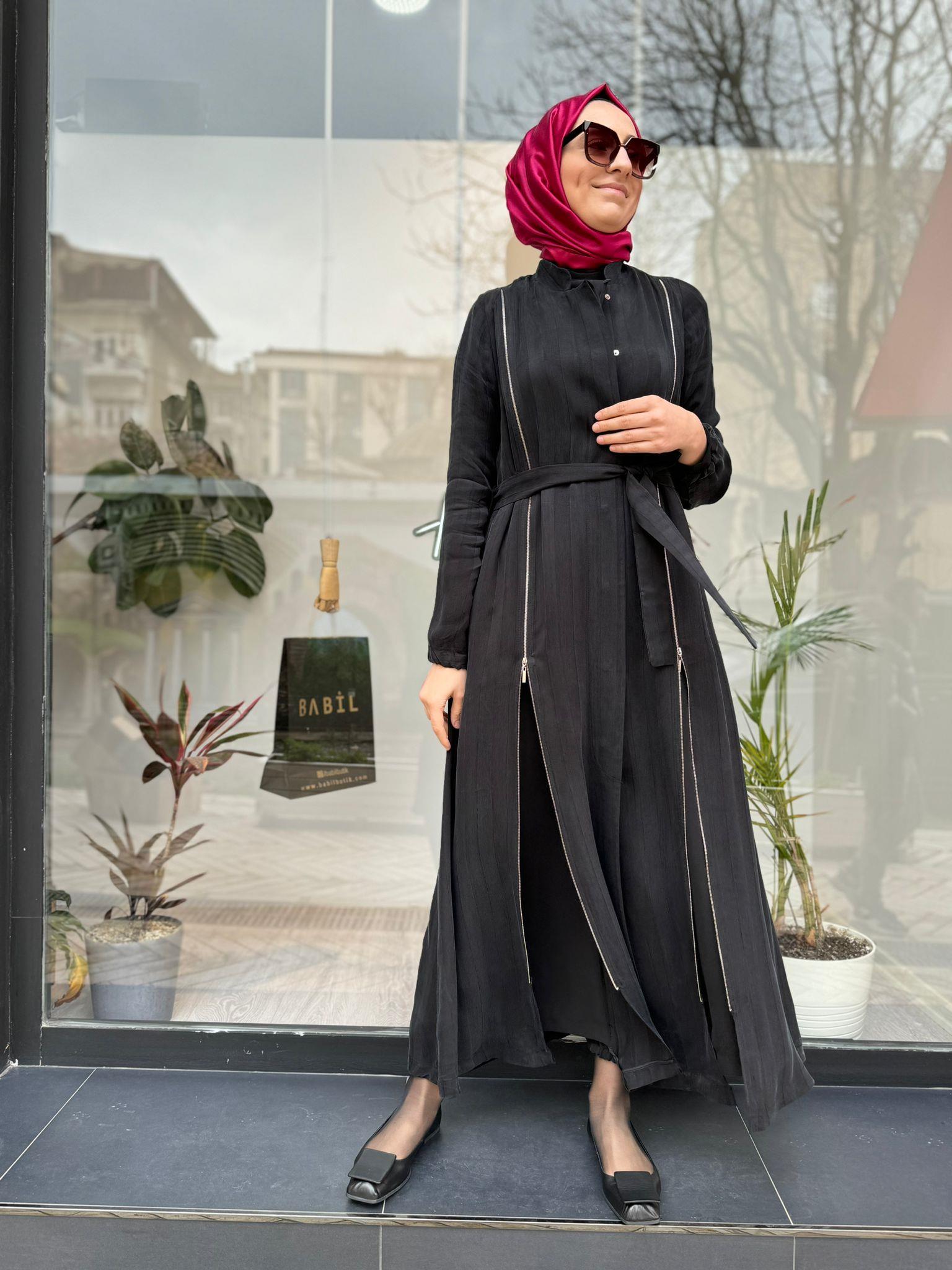 Misswhence Şeritli Fermuarlı Ferace Siyah 35505