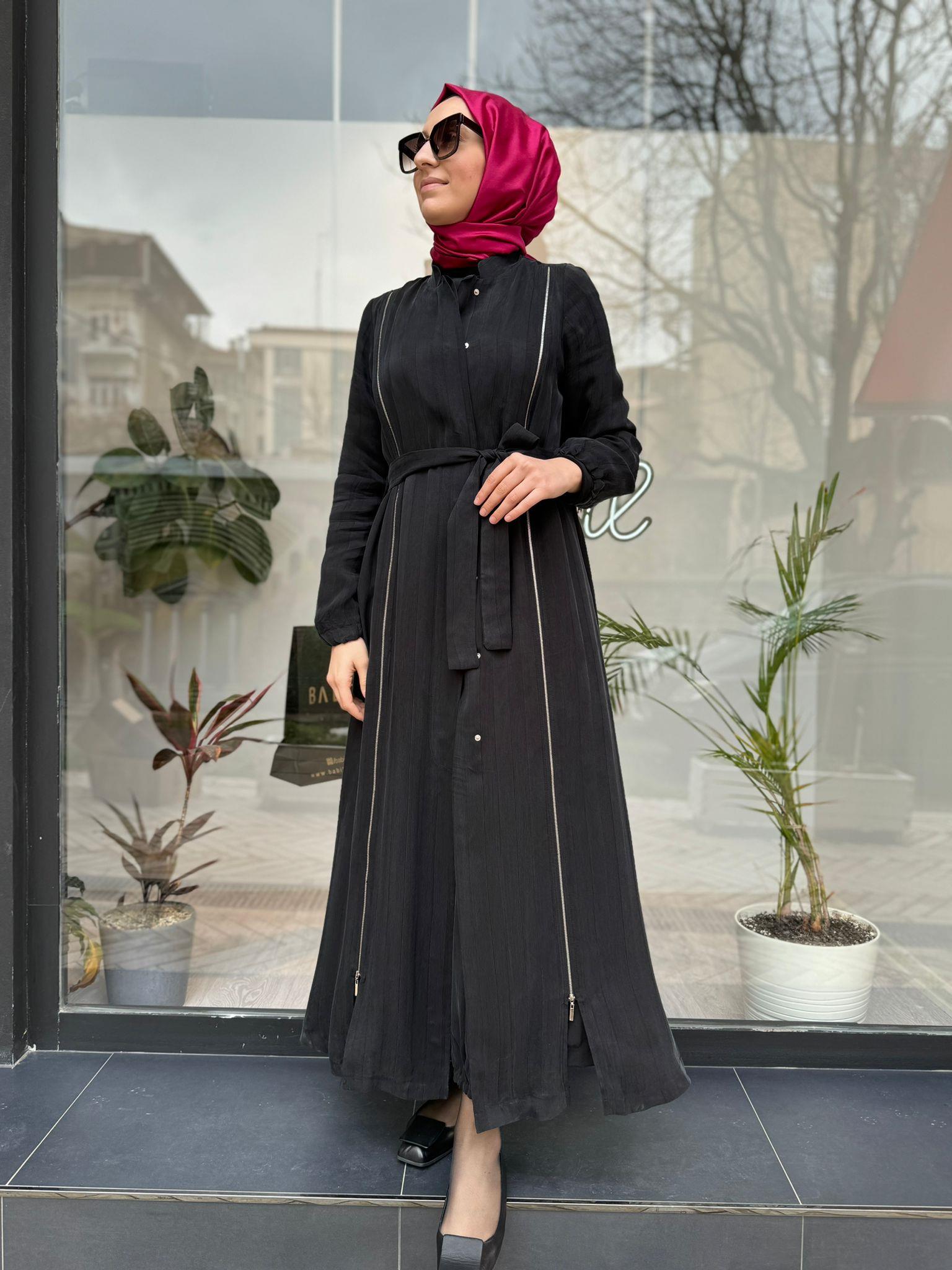 Misswhence Şeritli Fermuarlı Ferace Siyah 35505