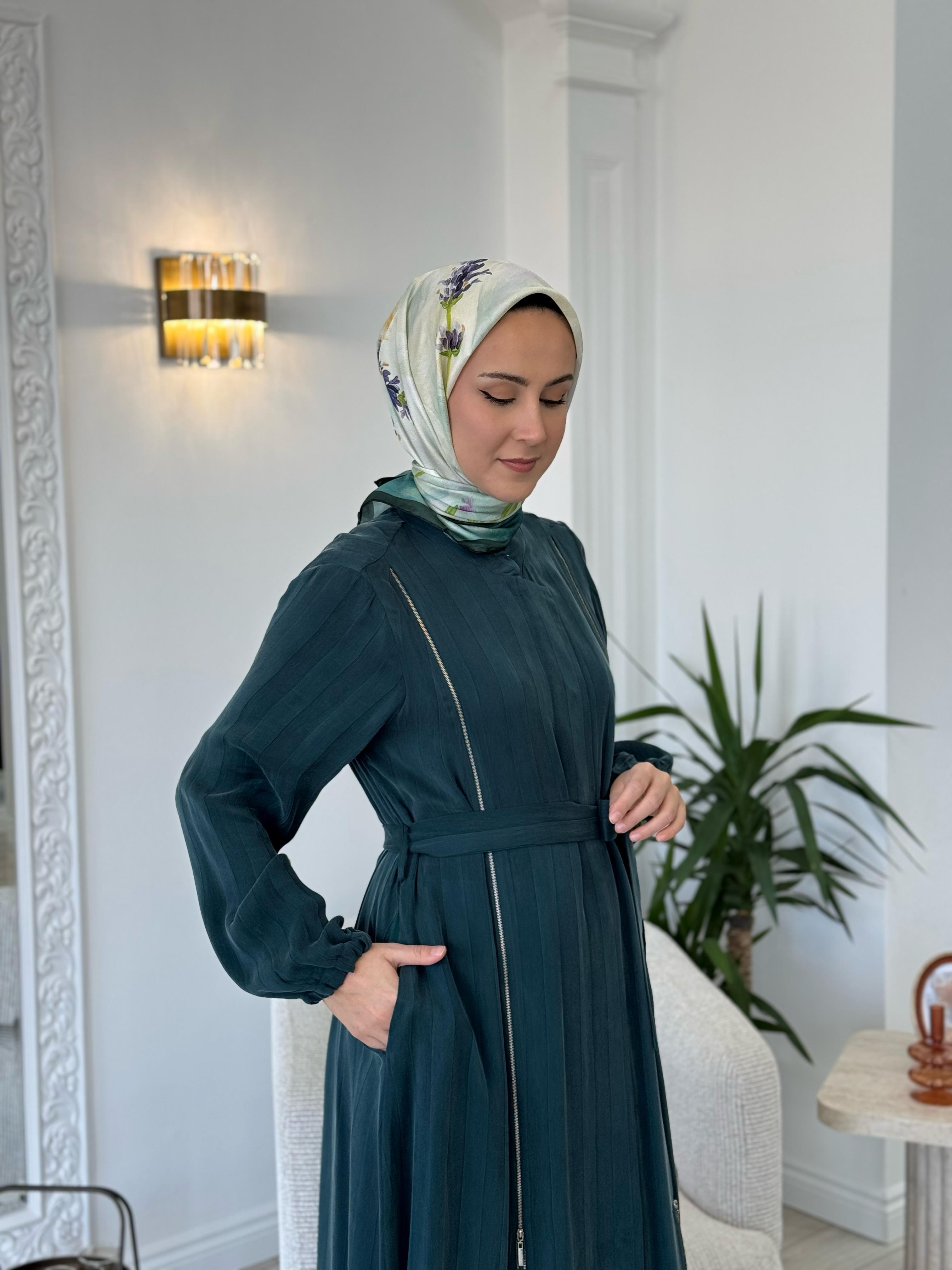 Misswhence Şeritli Fermuarlı Ferace Yeşil 35505