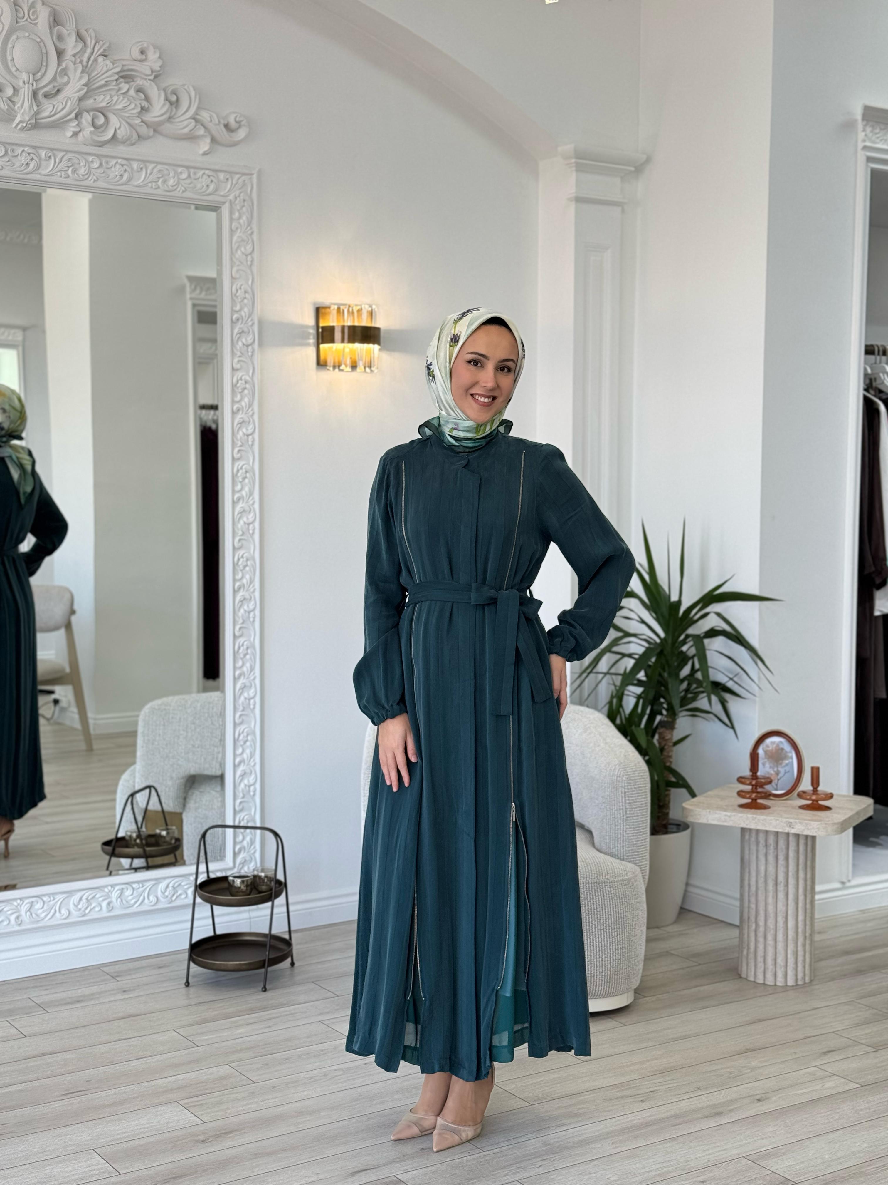 Misswhence Şeritli Fermuarlı Ferace Yeşil 35505