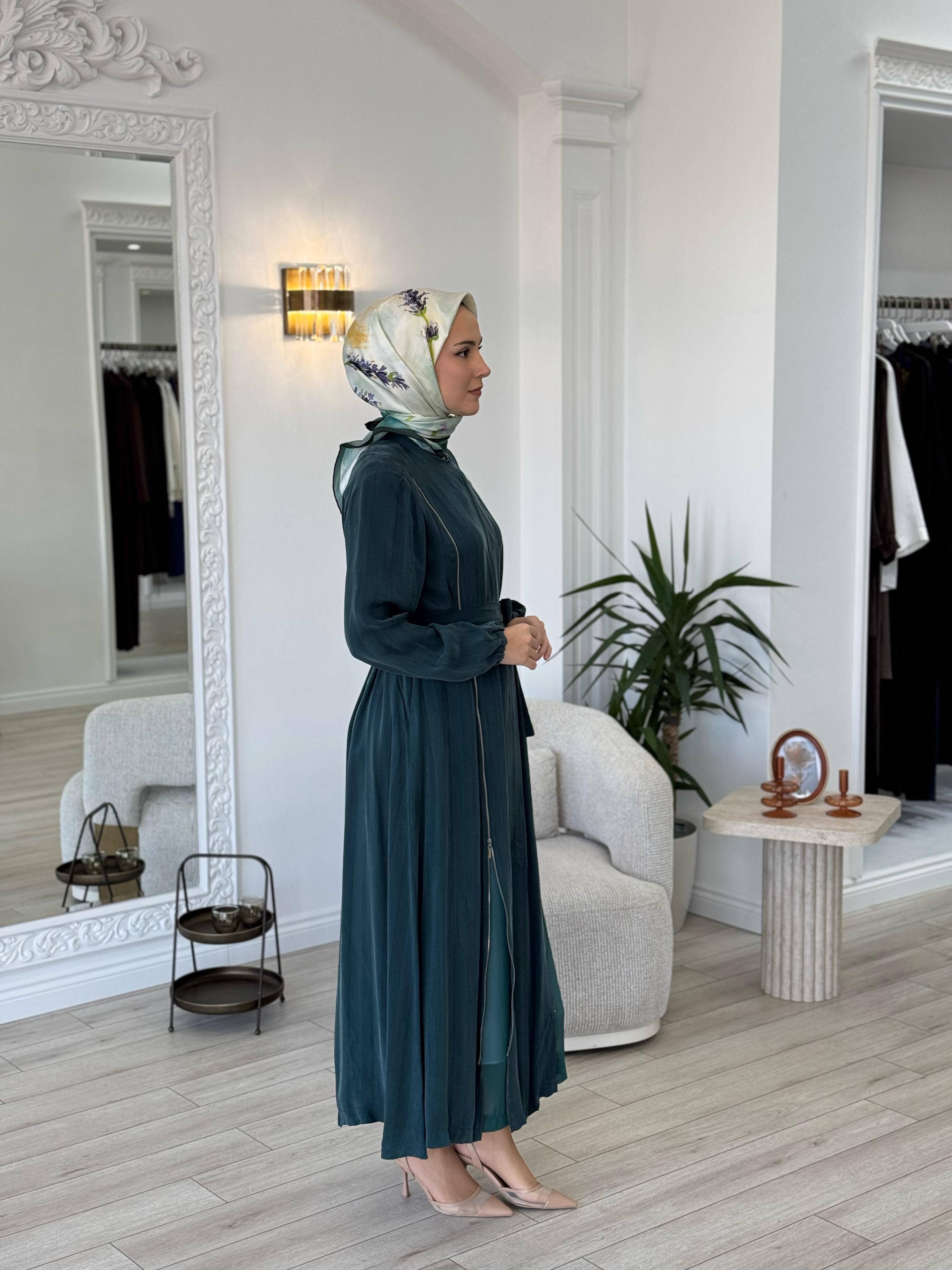 Misswhence Şeritli Fermuarlı Ferace Yeşil 35505