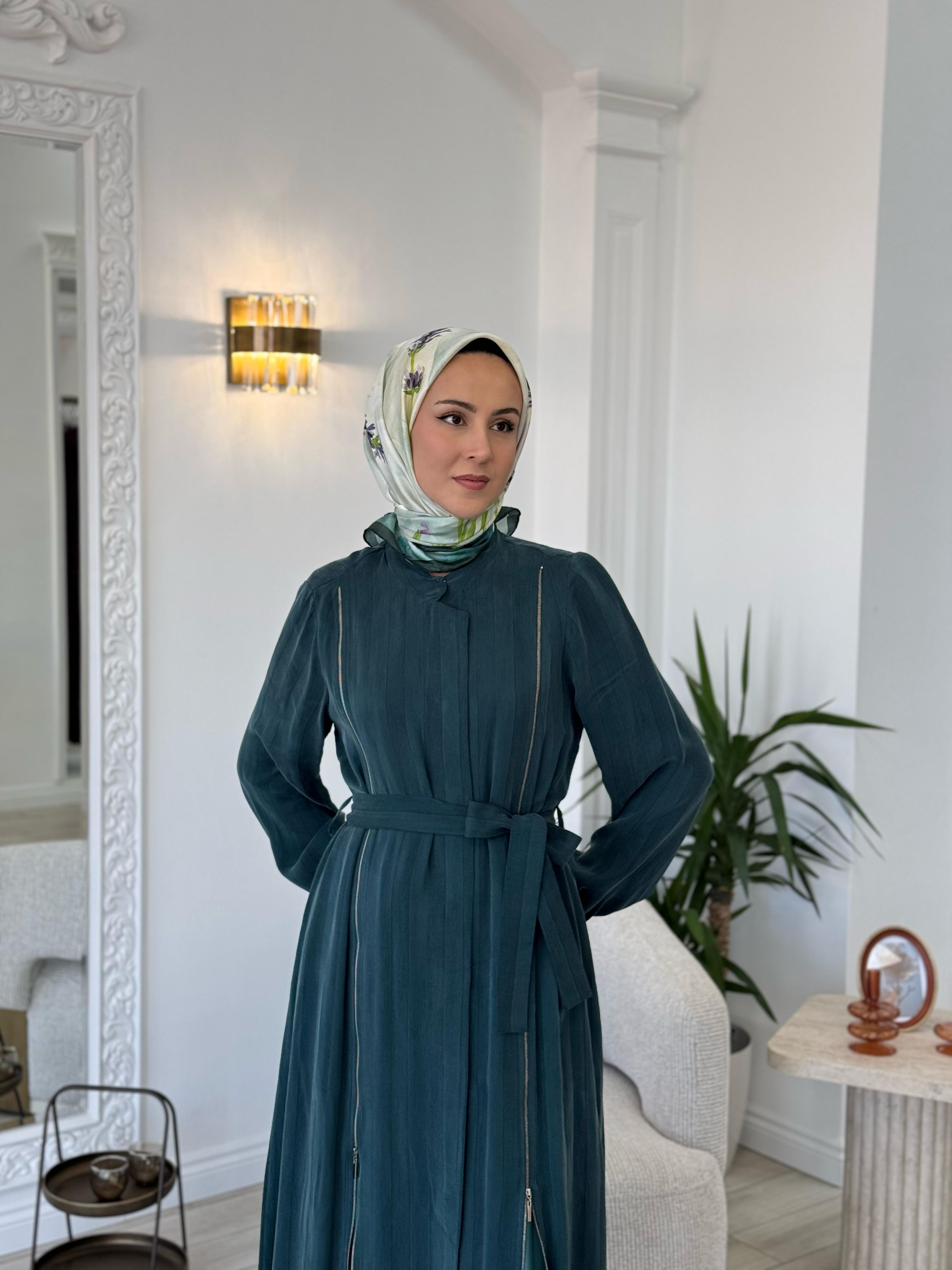 Misswhence Şeritli Fermuarlı Ferace Yeşil 35505