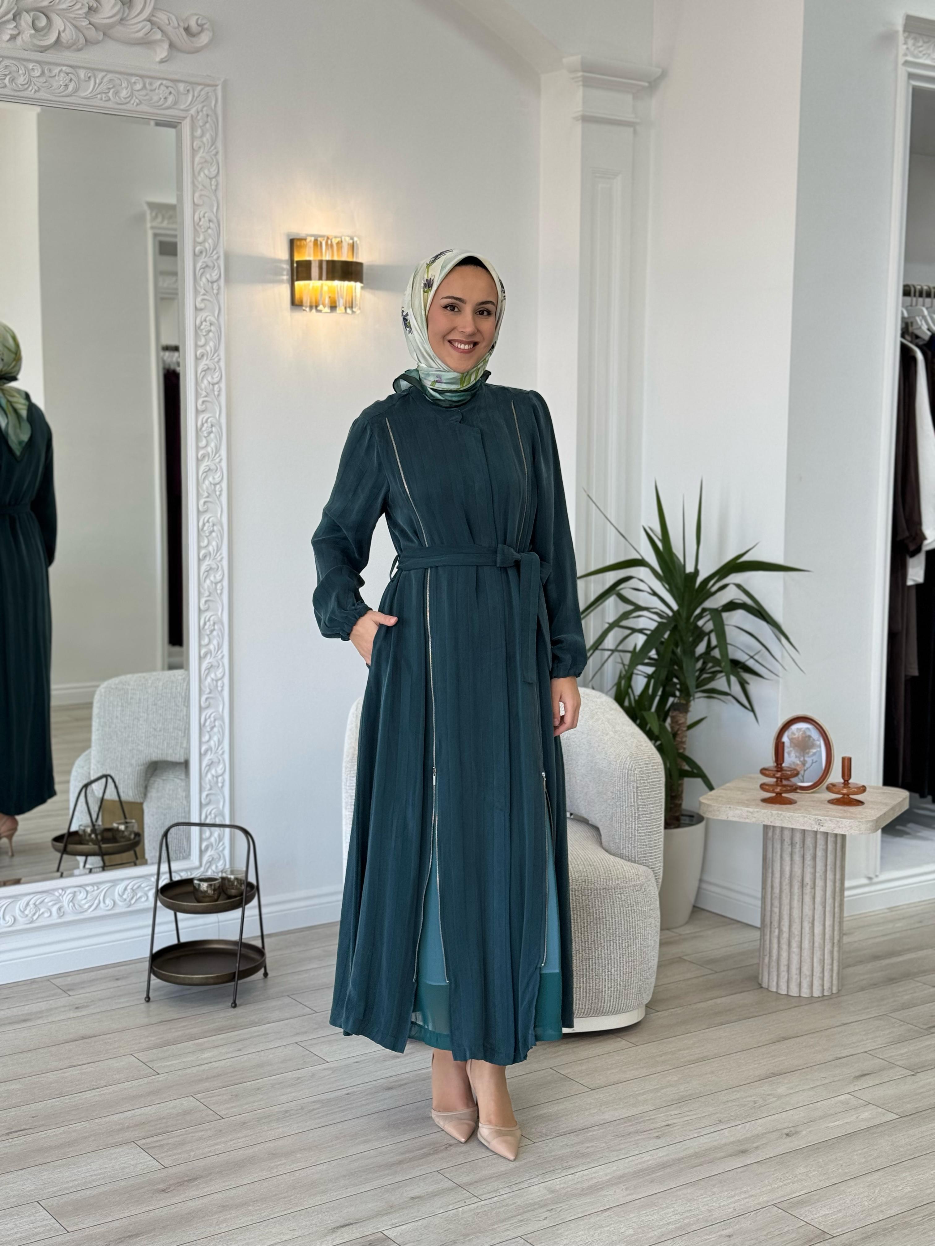 Misswhence Şeritli Fermuarlı Ferace Yeşil 35505