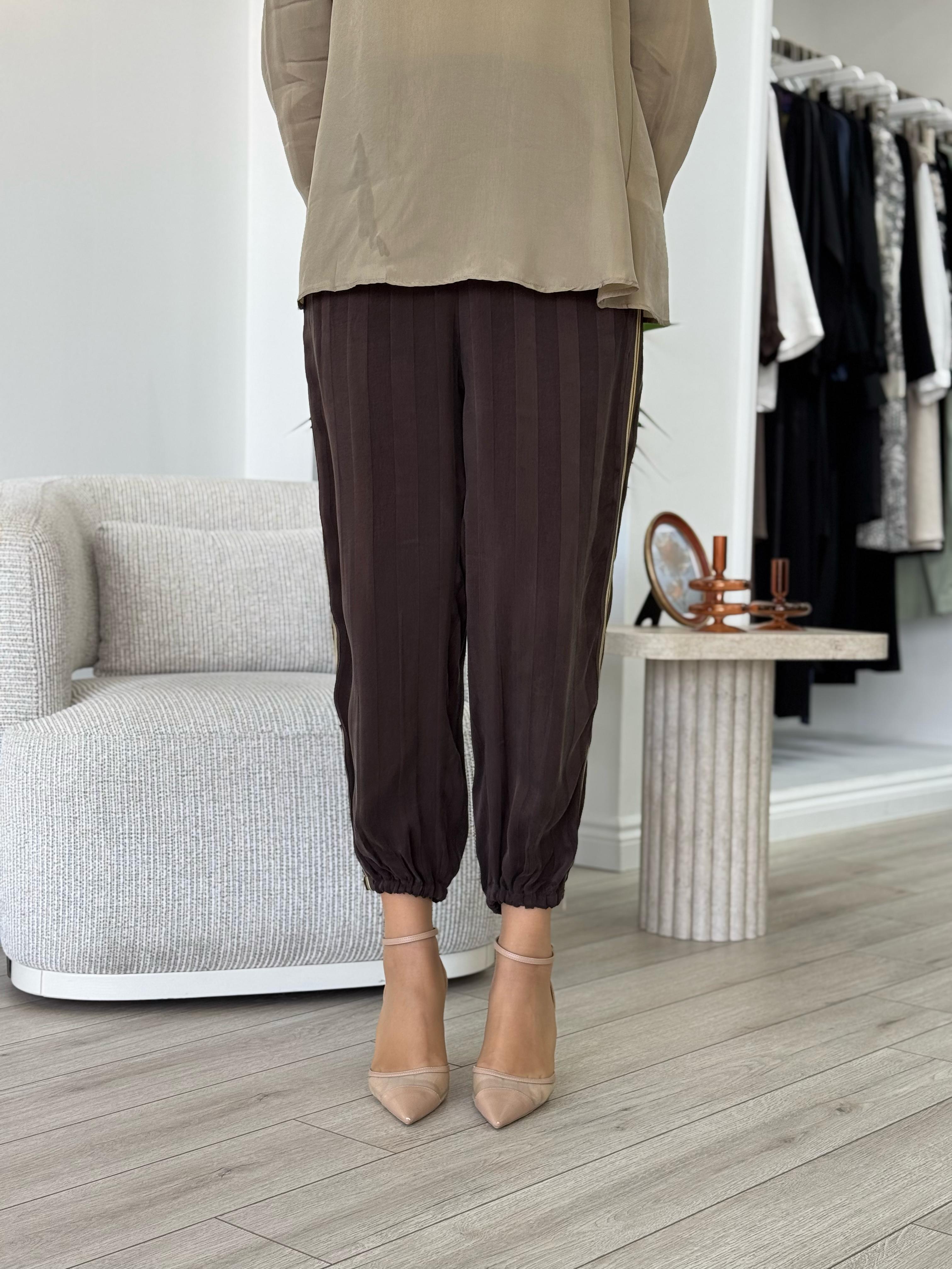 Misswhence Şeritli İpek Pantolon Kahve 35107