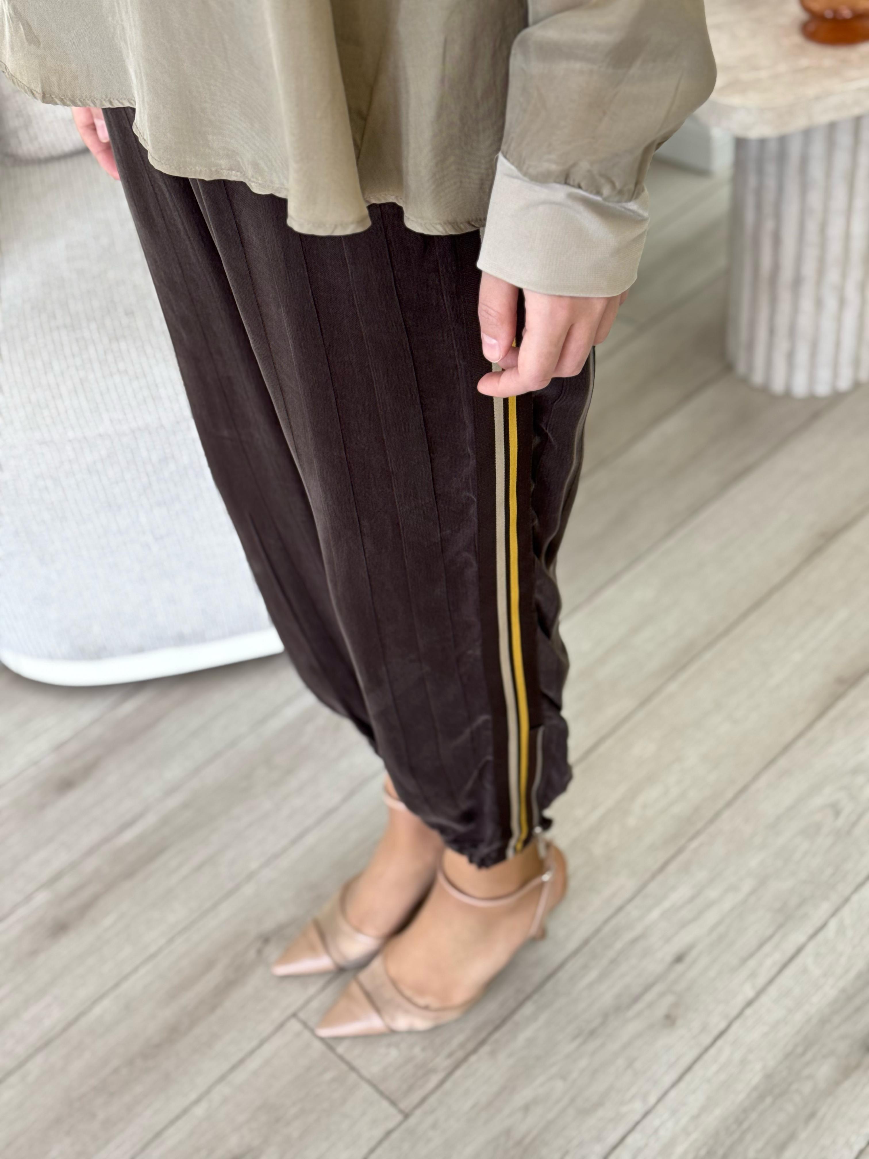 Misswhence Şeritli İpek Pantolon Kahve 35107