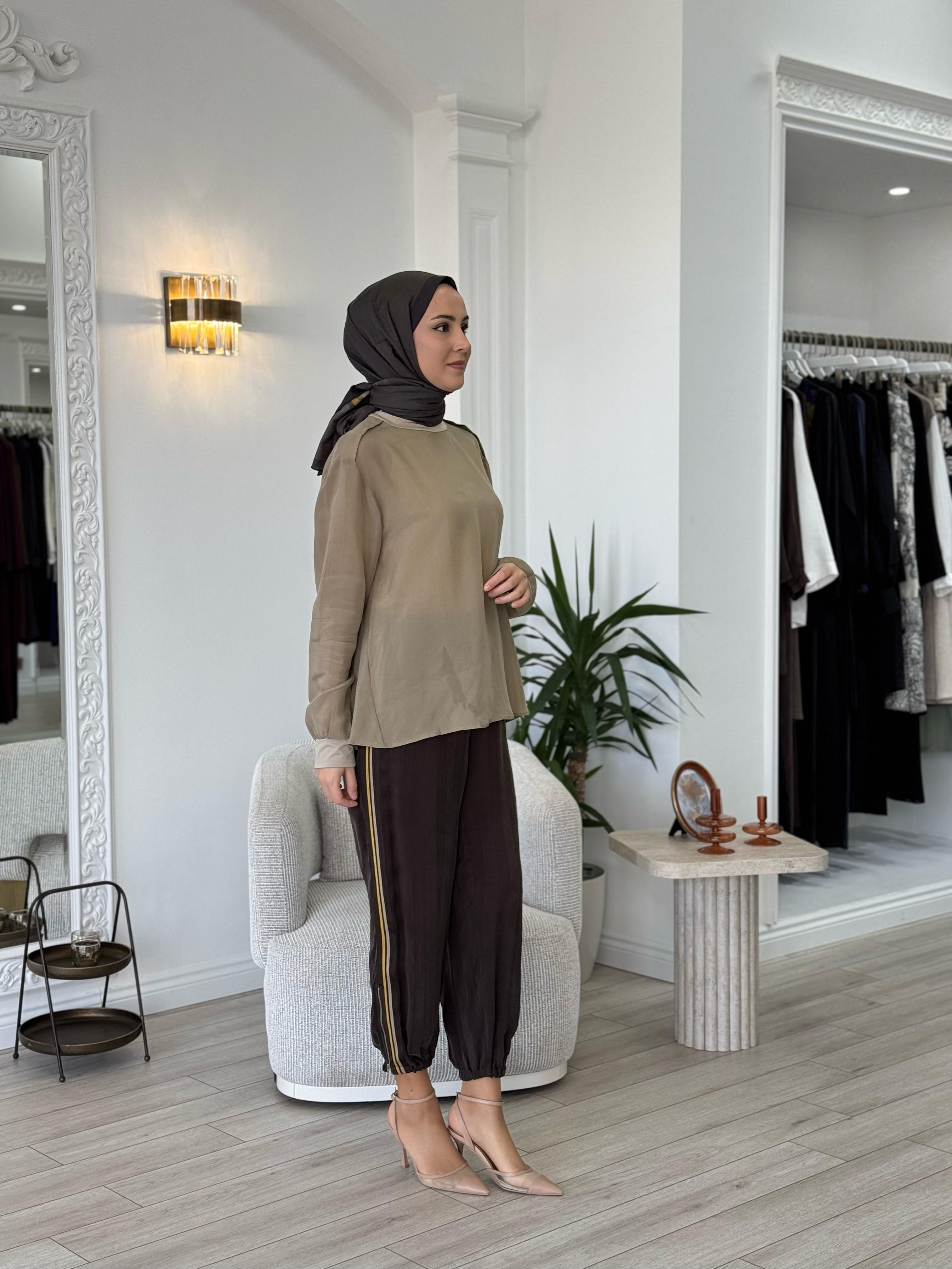 Misswhence Şeritli İpek Pantolon Kahve 35107