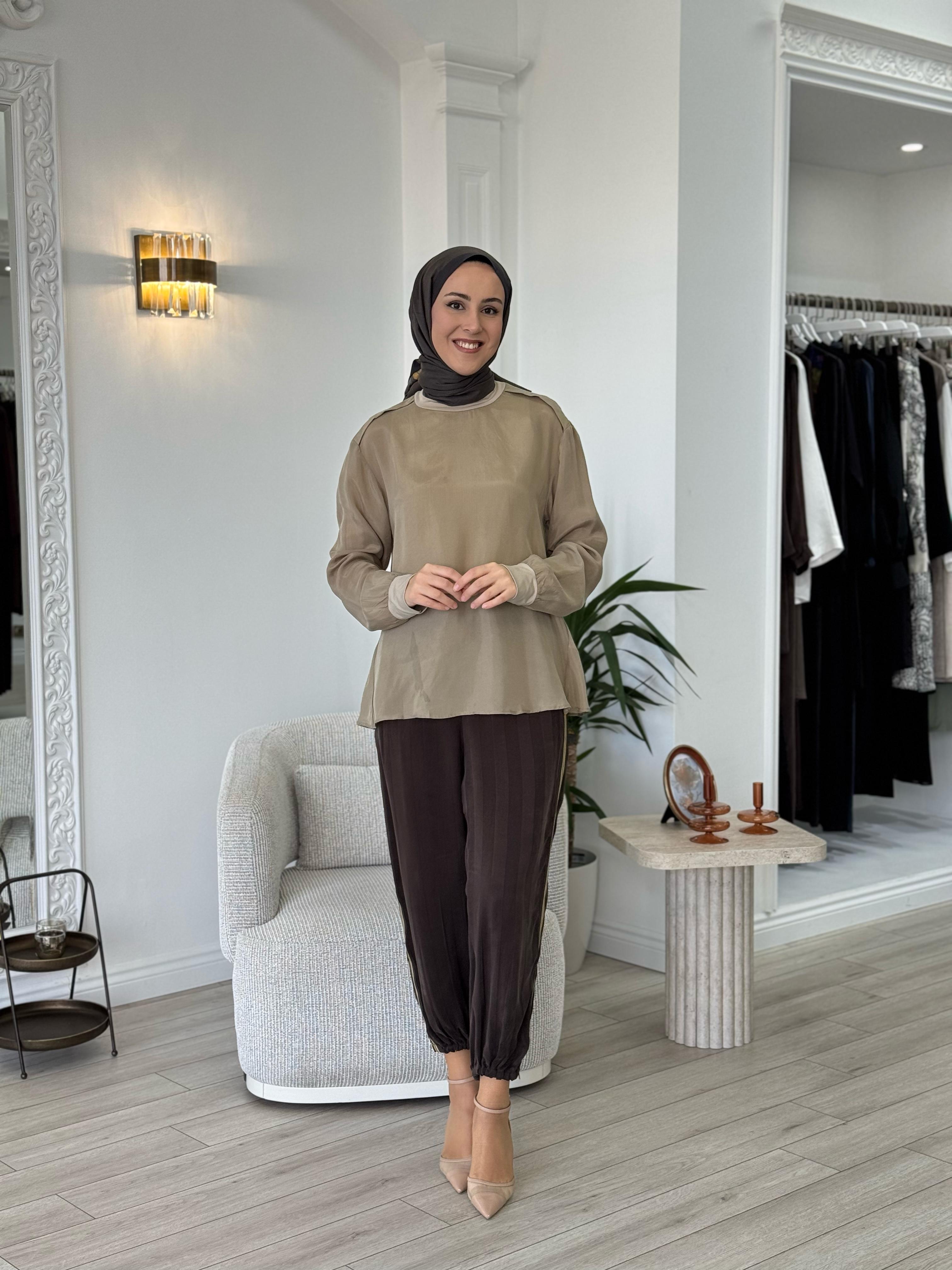 Misswhence Şeritli İpek Pantolon Kahve 35107