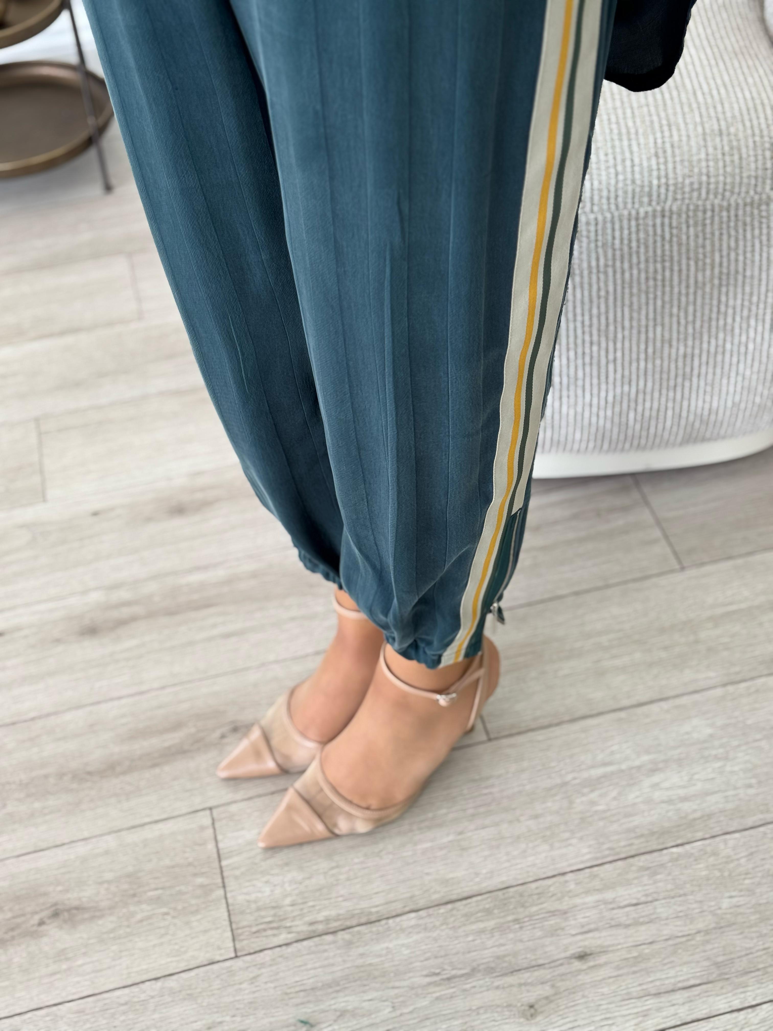 Misswhence Şeritli İpek Pantolon Yeşil 35107