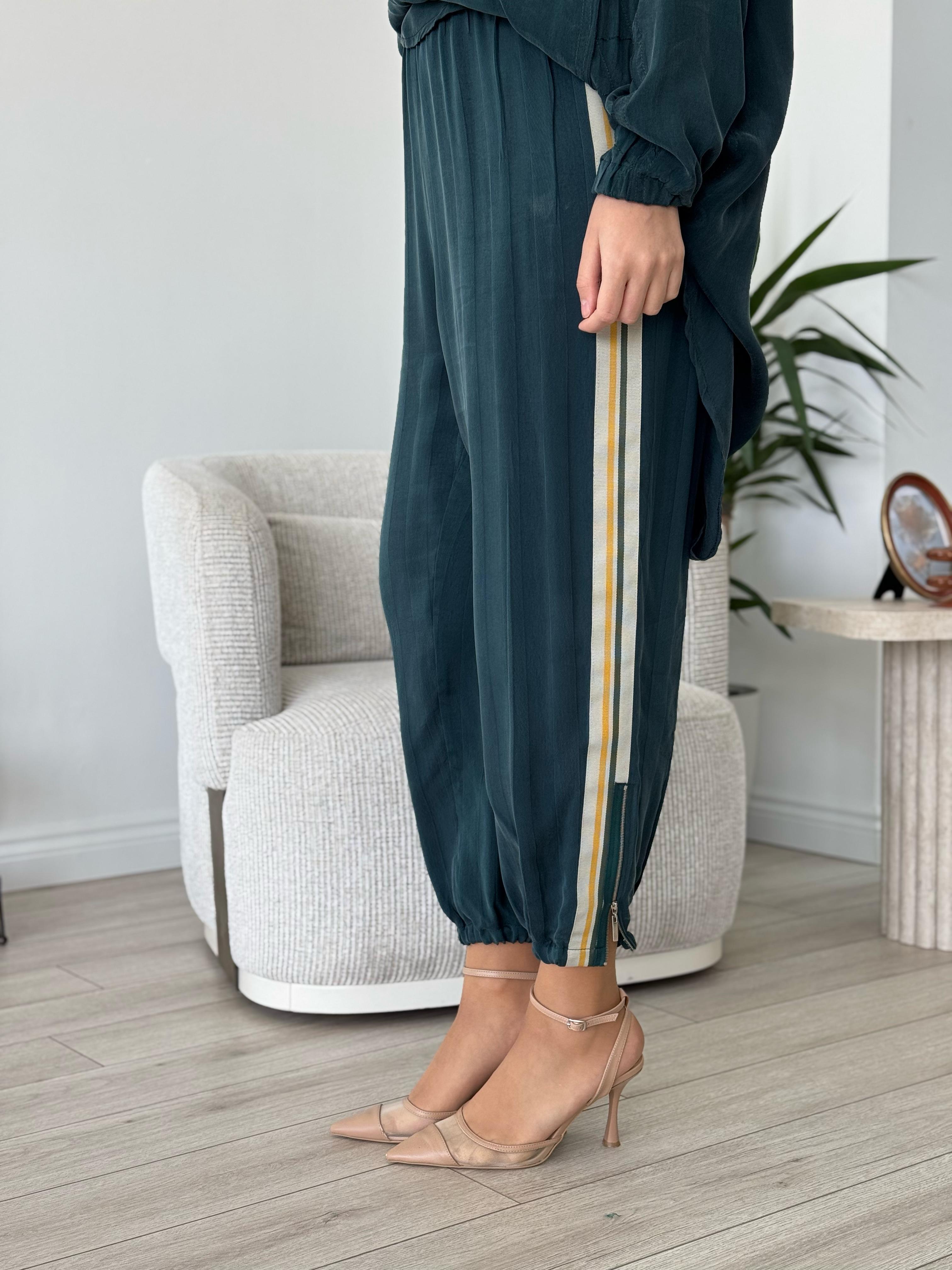 Misswhence Şeritli İpek Pantolon Yeşil 35107