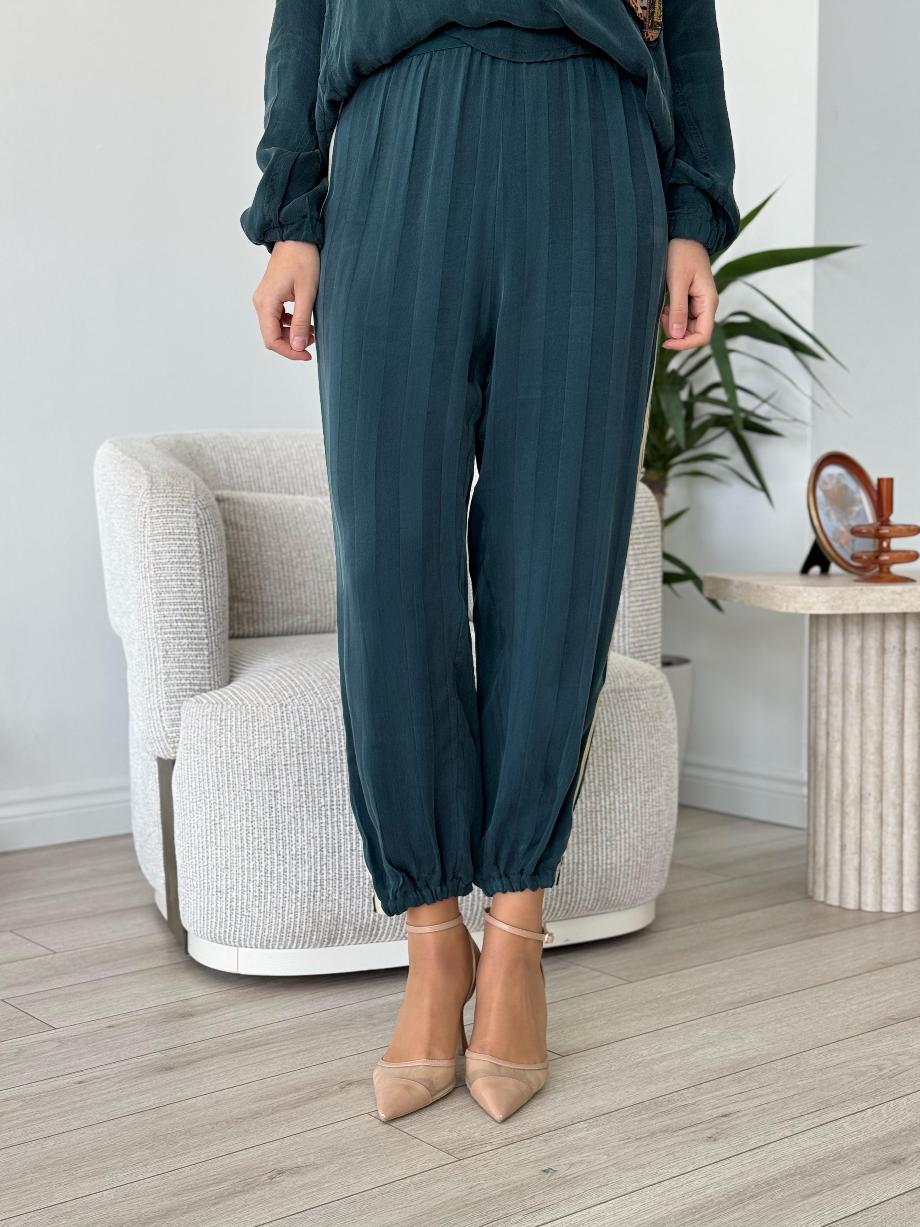 Misswhence Şeritli İpek Pantolon Yeşil 35107