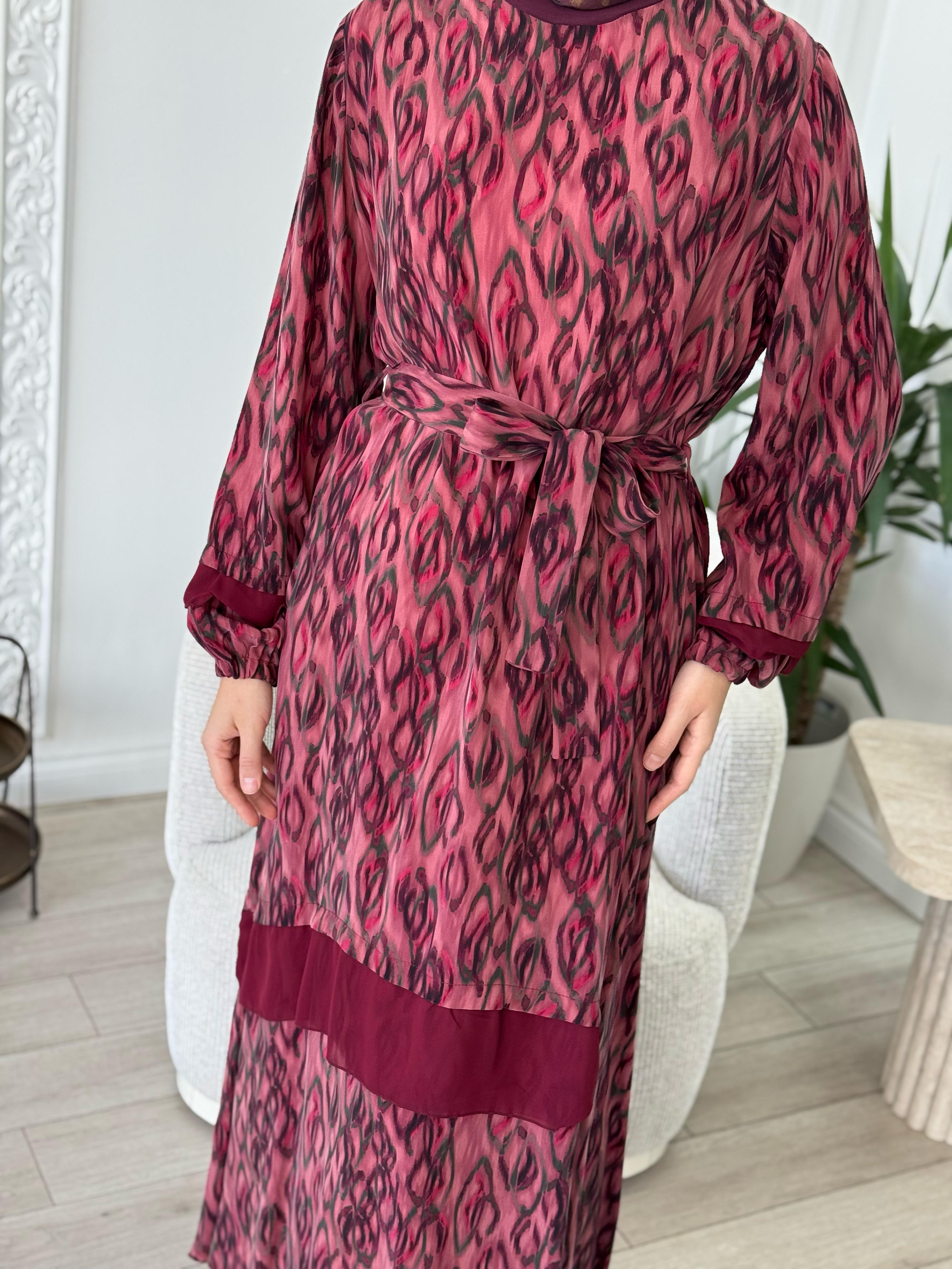 Misswhence Şifon Detaylı Elbise Desenli Bordo 35837