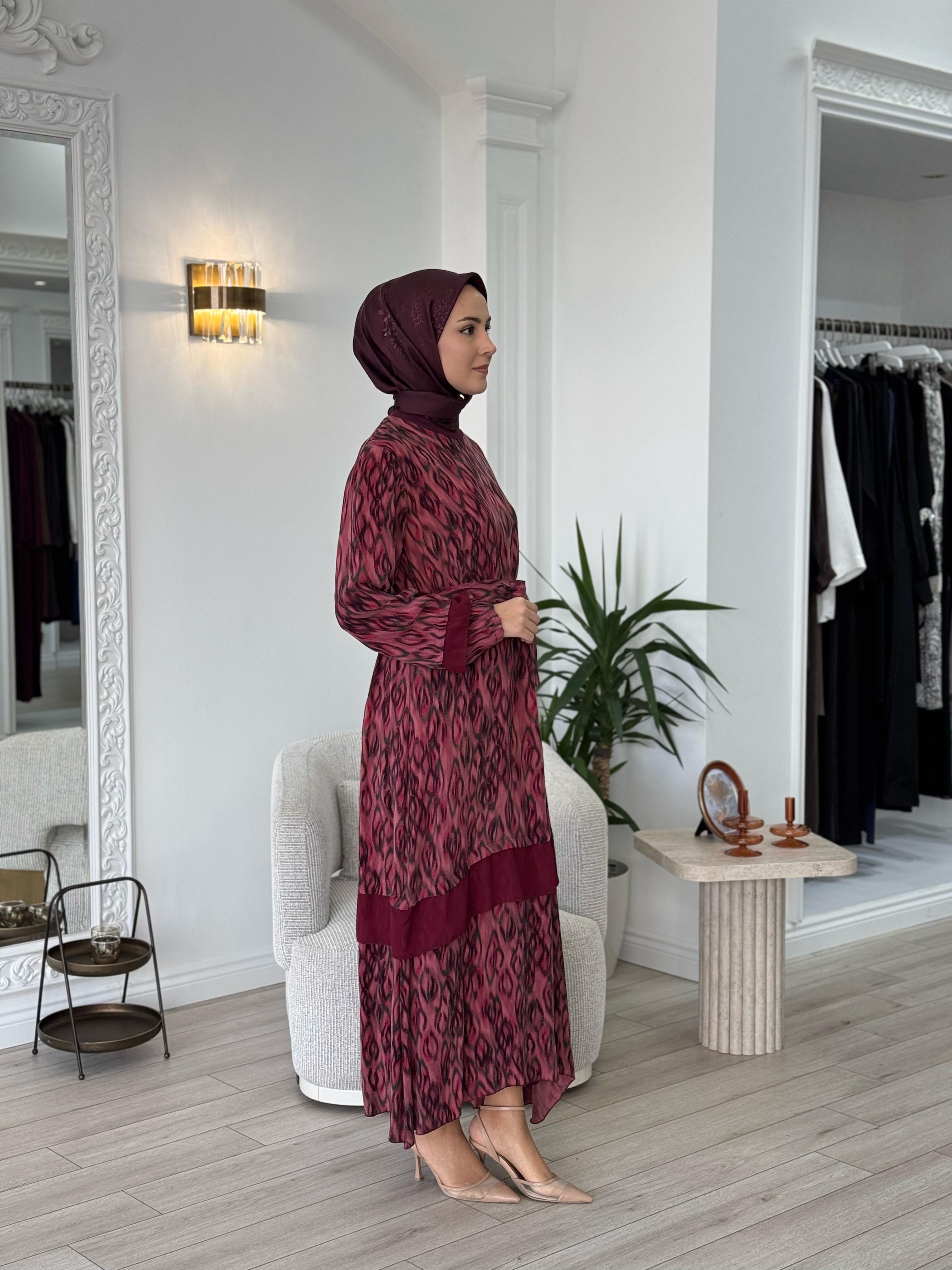 Misswhence Şifon Detaylı Elbise Desenli Bordo 35837