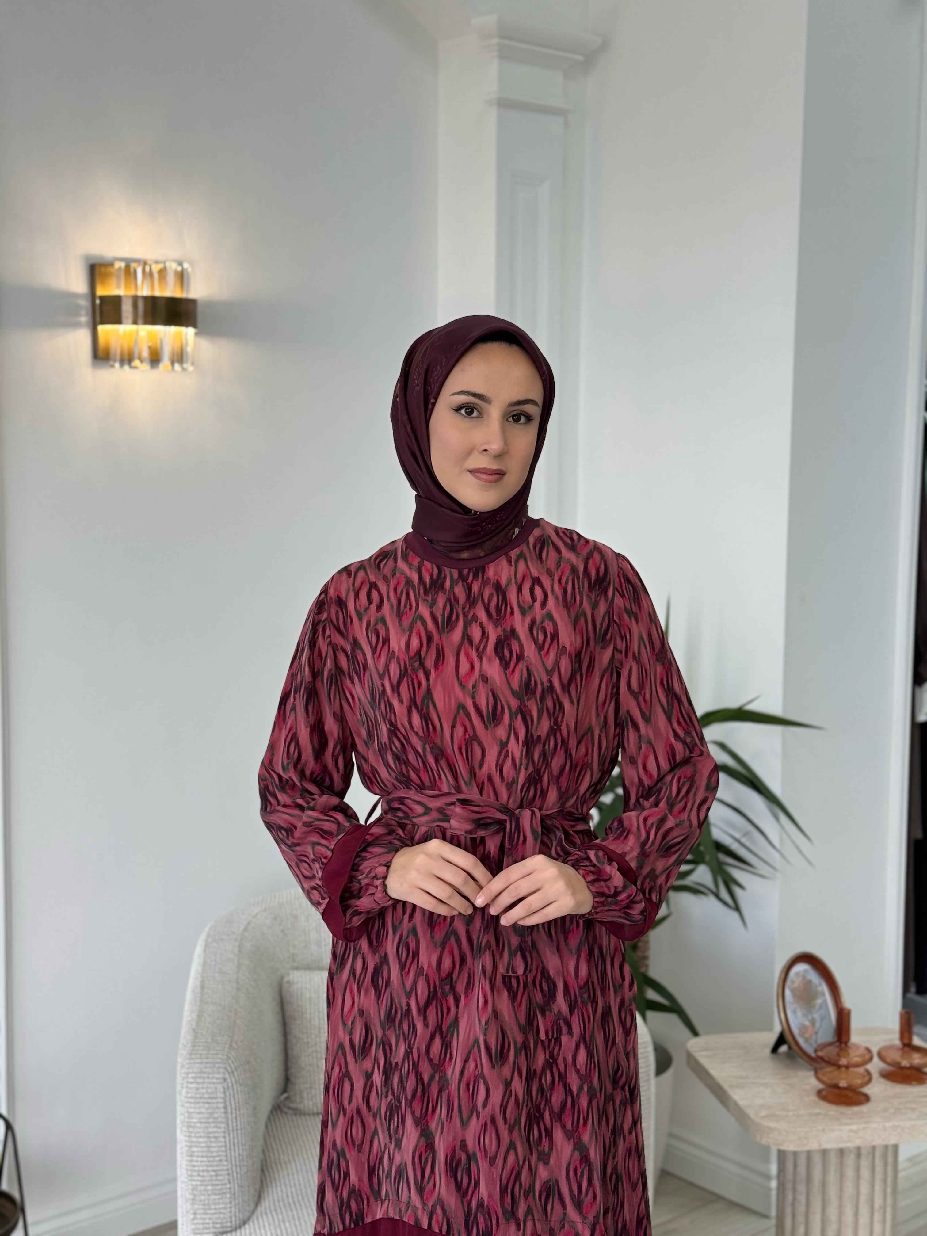Misswhence Şifon Detaylı Elbise Desenli Bordo 35837