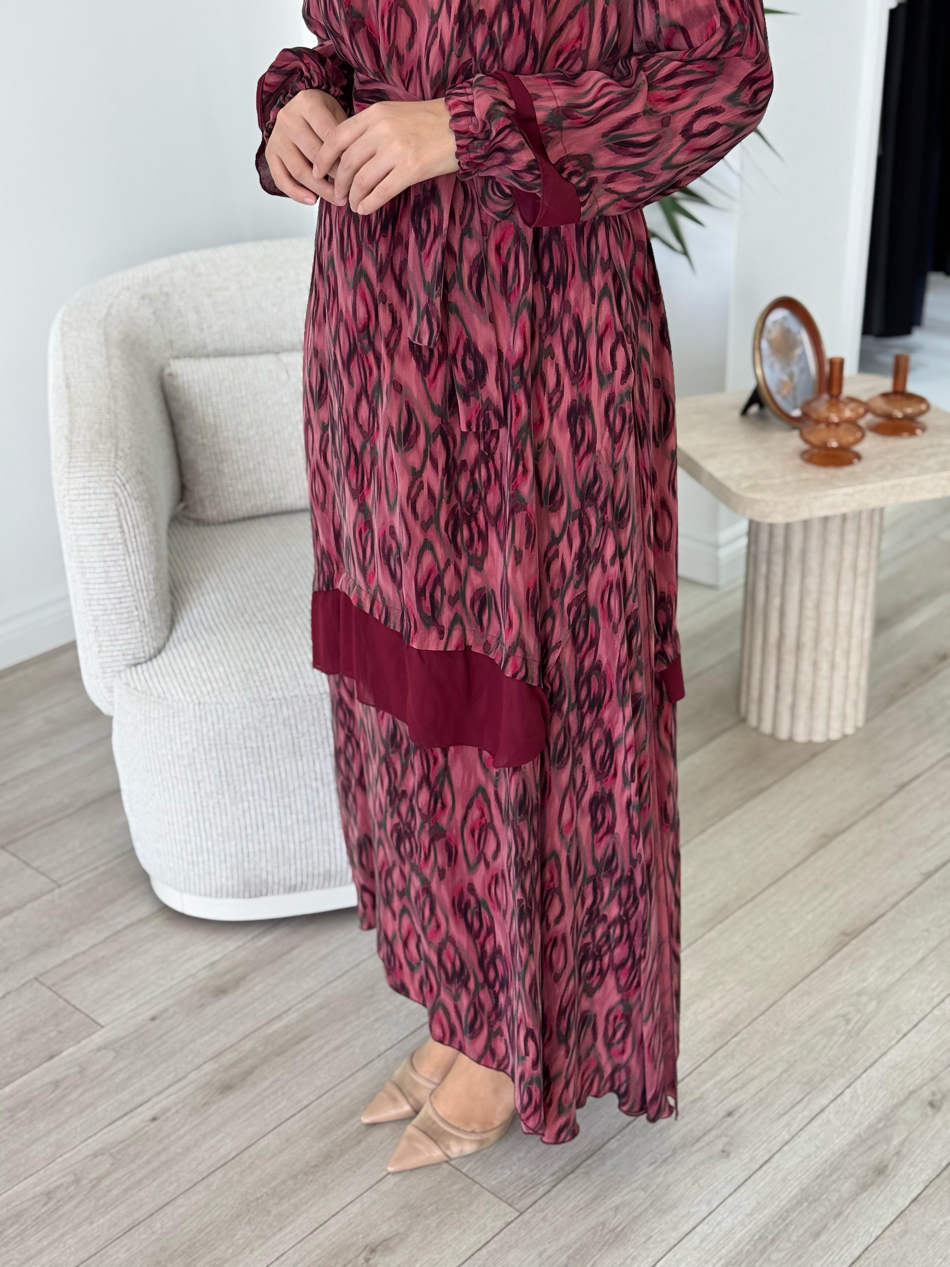Misswhence Şifon Detaylı Elbise Desenli Bordo 35837