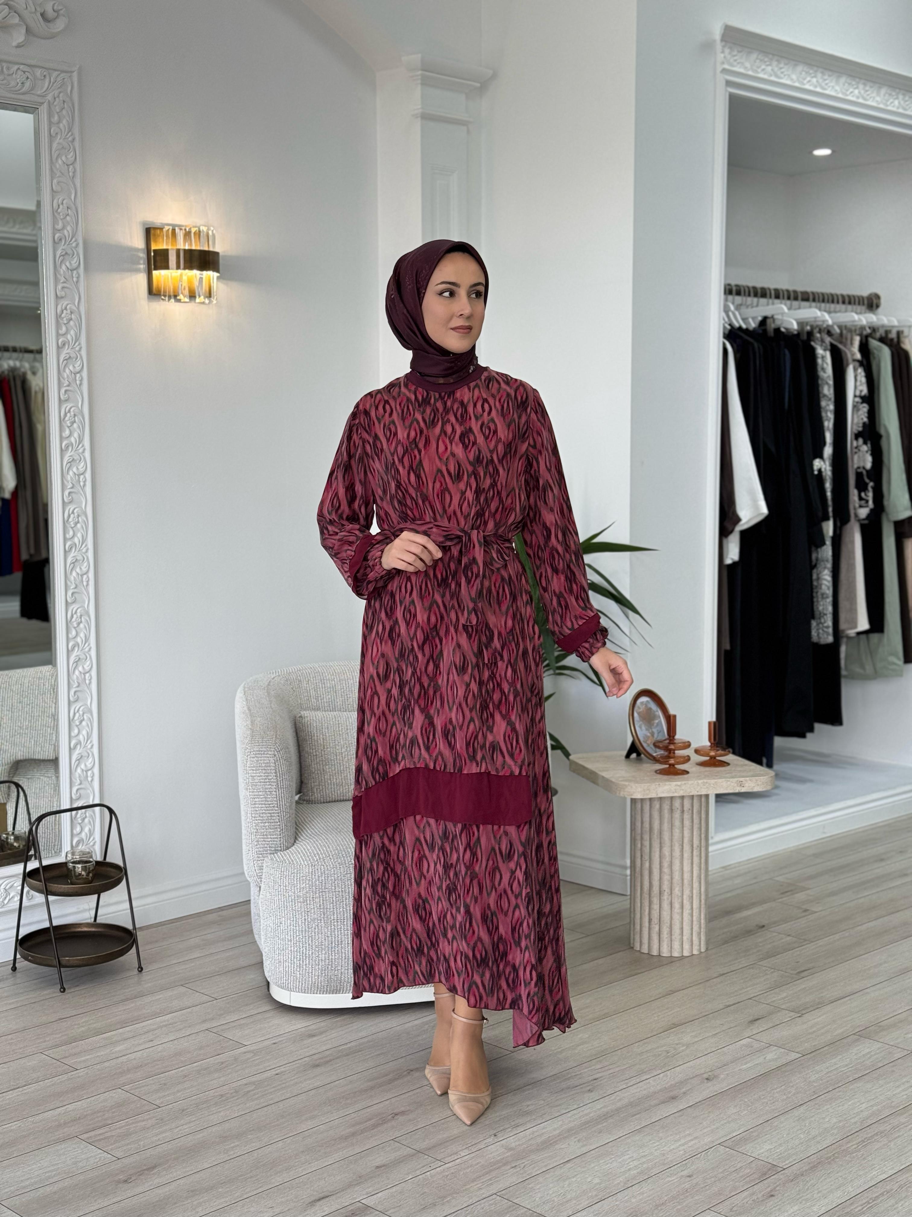 Misswhence Şifon Detaylı Elbise Desenli Bordo 35837