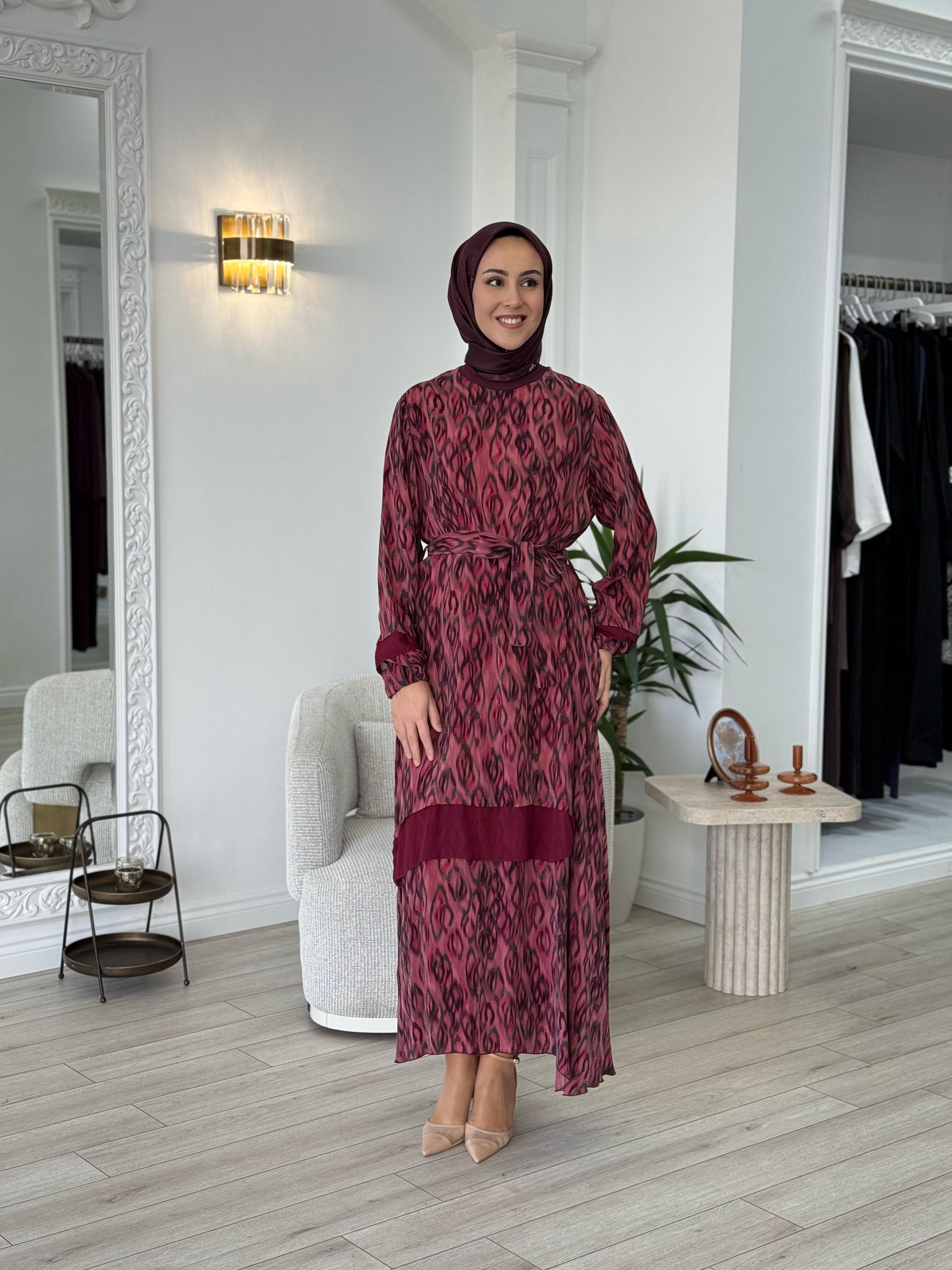 Misswhence Şifon Detaylı Elbise Desenli Bordo 35837