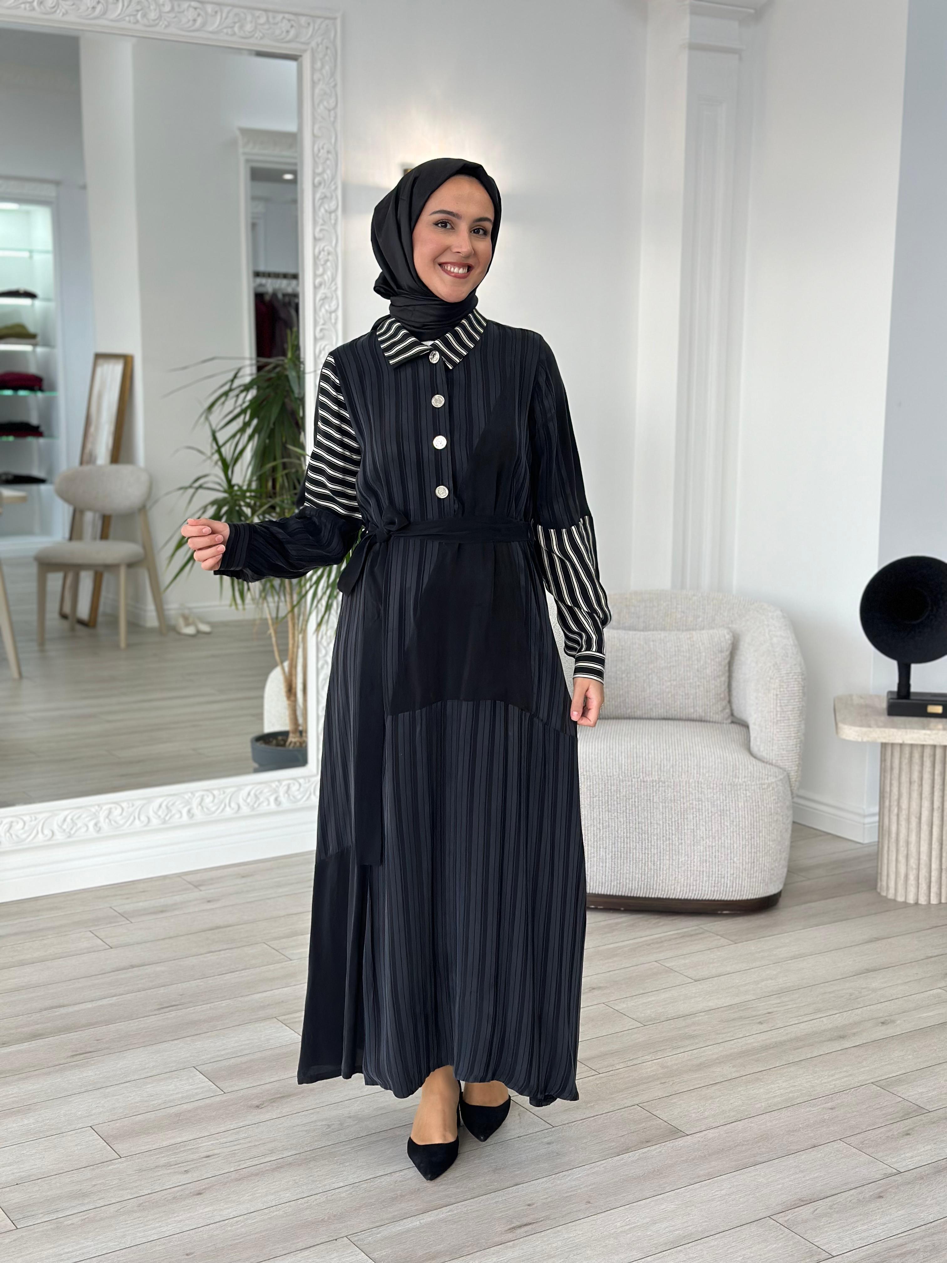 Misswhence Siyah Beyaz Çizgili Elbise 36815
