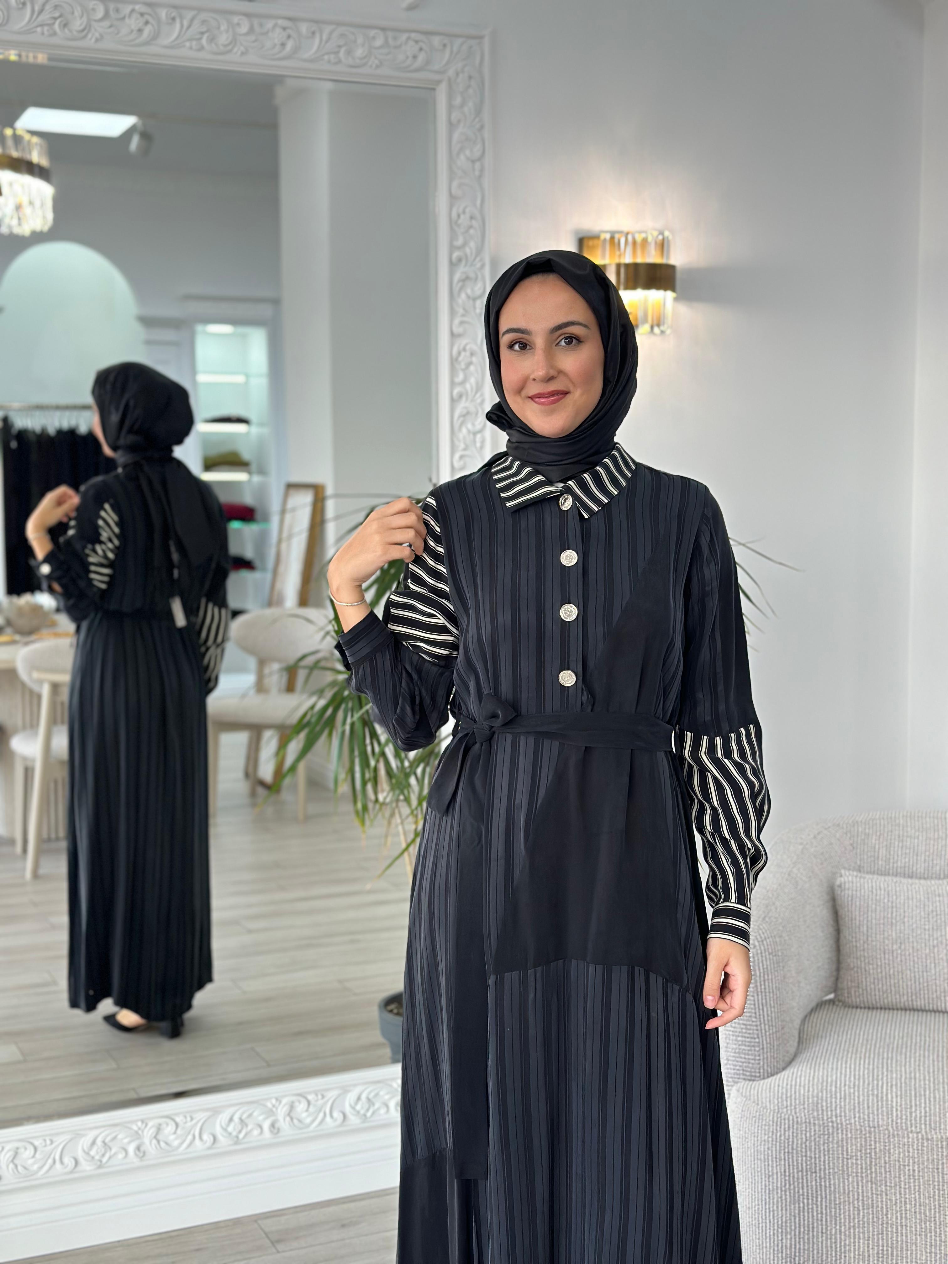 Misswhence Siyah Beyaz Çizgili Elbise 36815