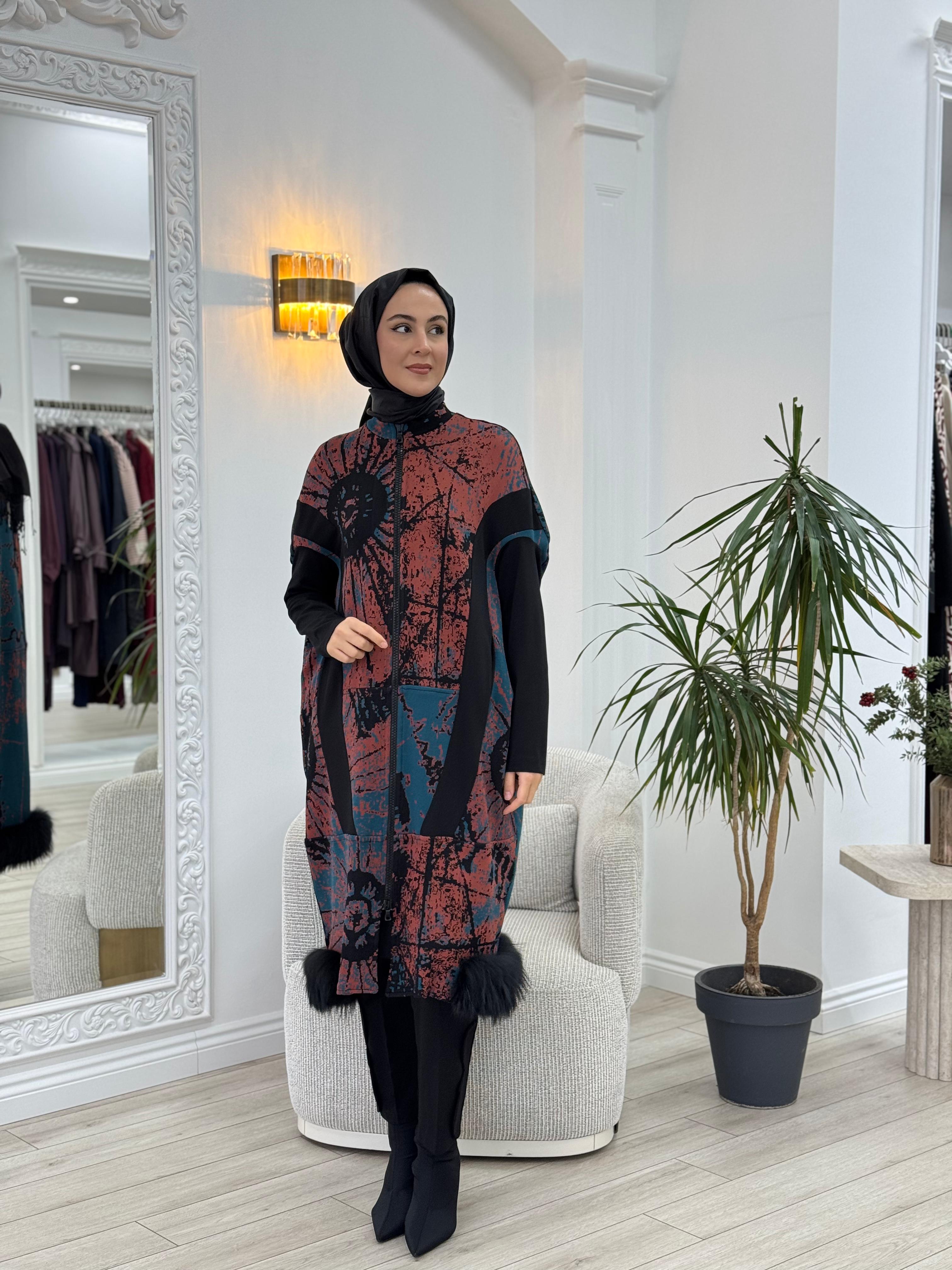 Misswhence Triko Kürk Detaylı Kap Petrol  36406