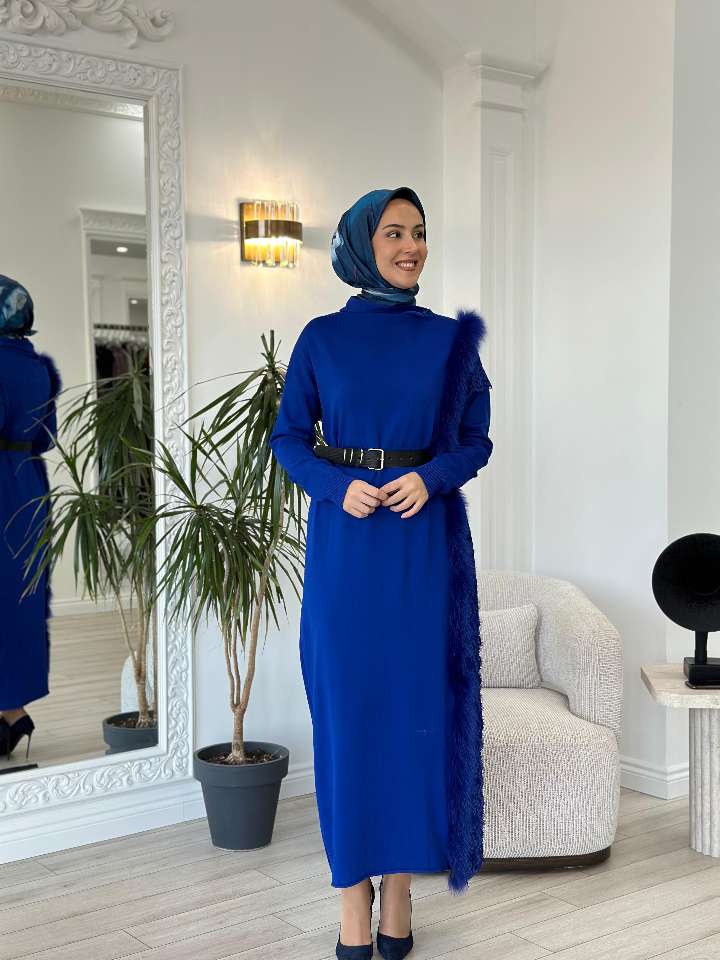 Misswhence Triko Kürklü Elbise Saks 36805