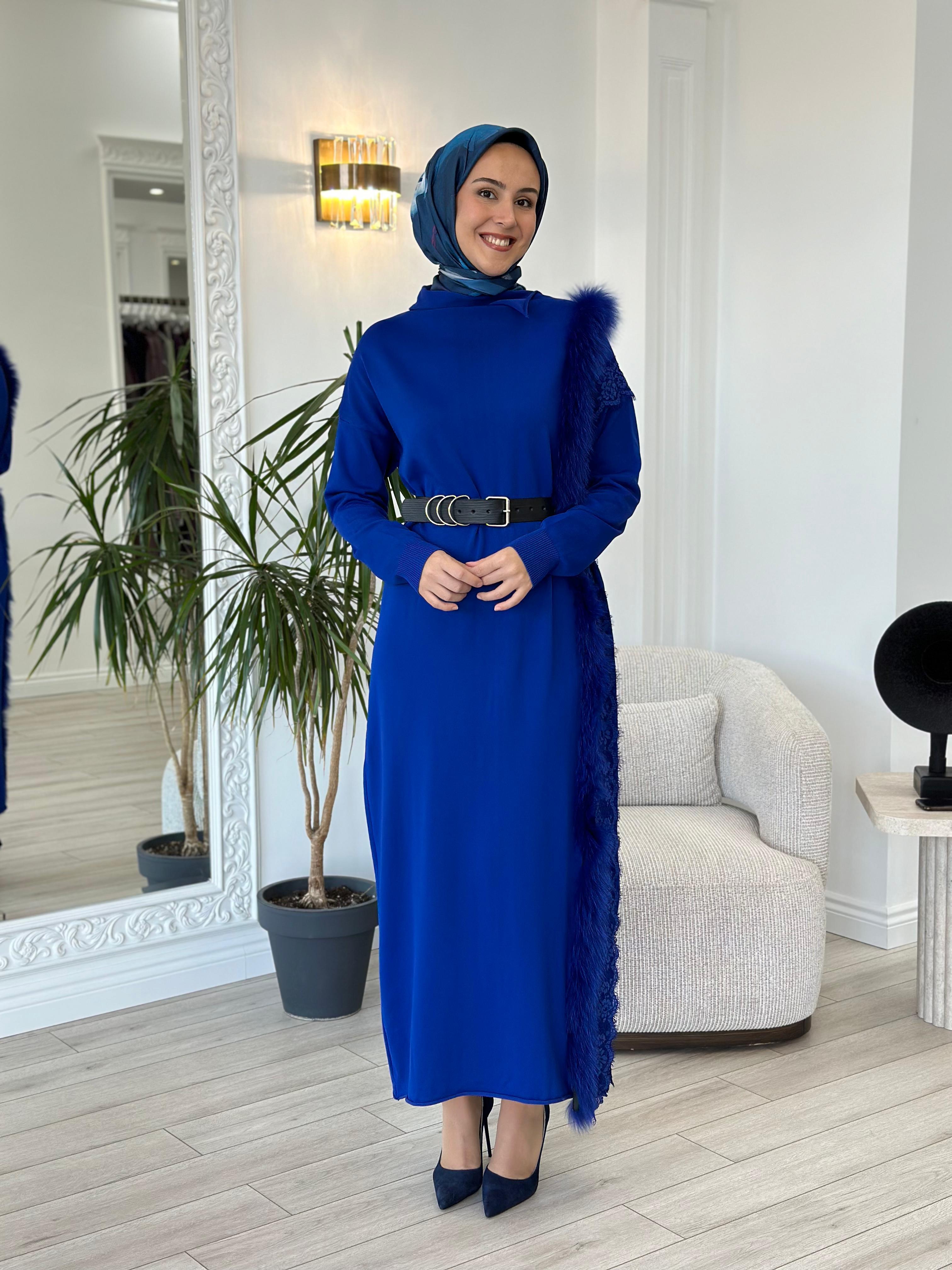 Misswhence Triko Kürklü Elbise Saks 36805