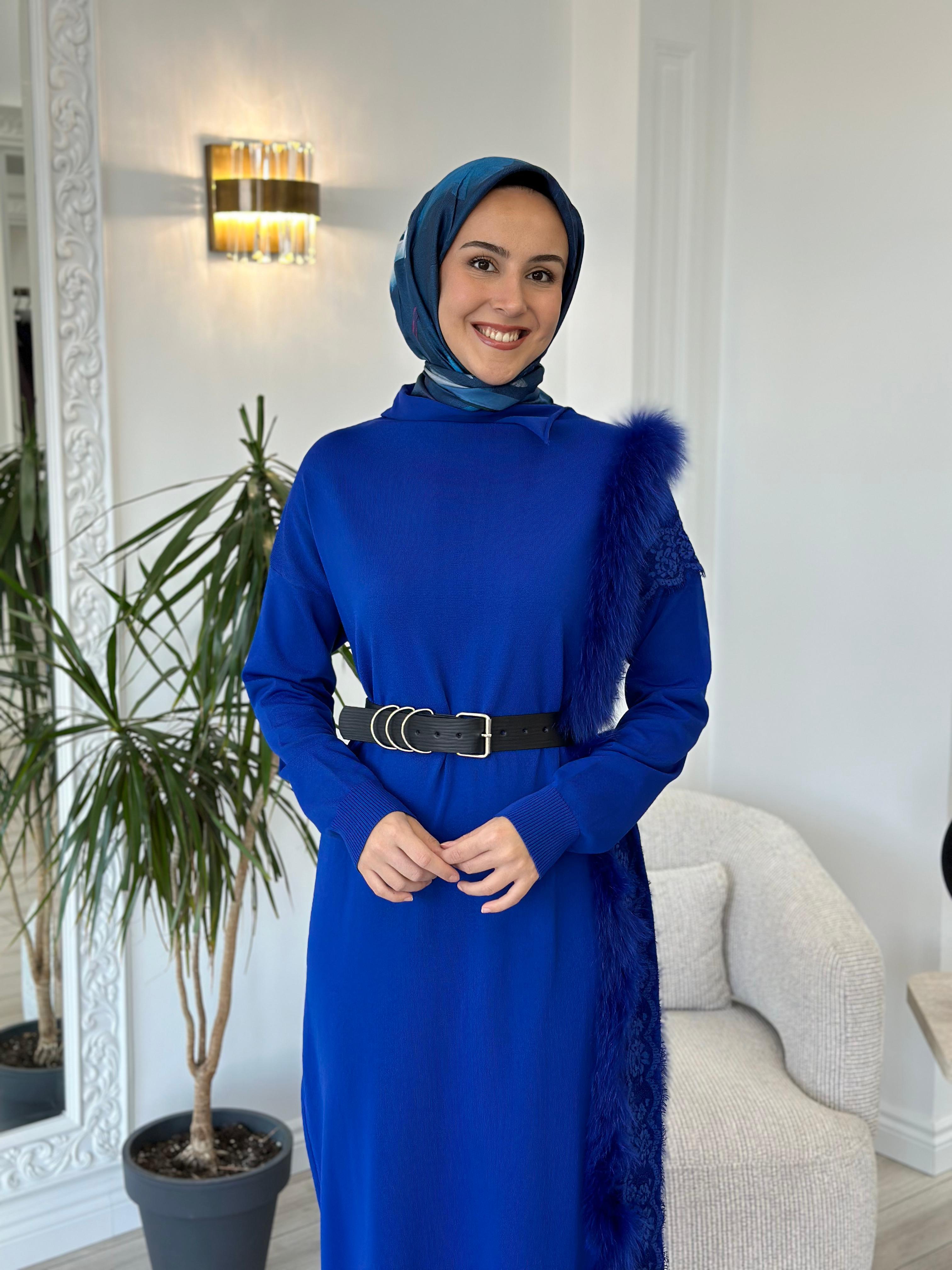 Misswhence Triko Kürklü Elbise Saks 36805