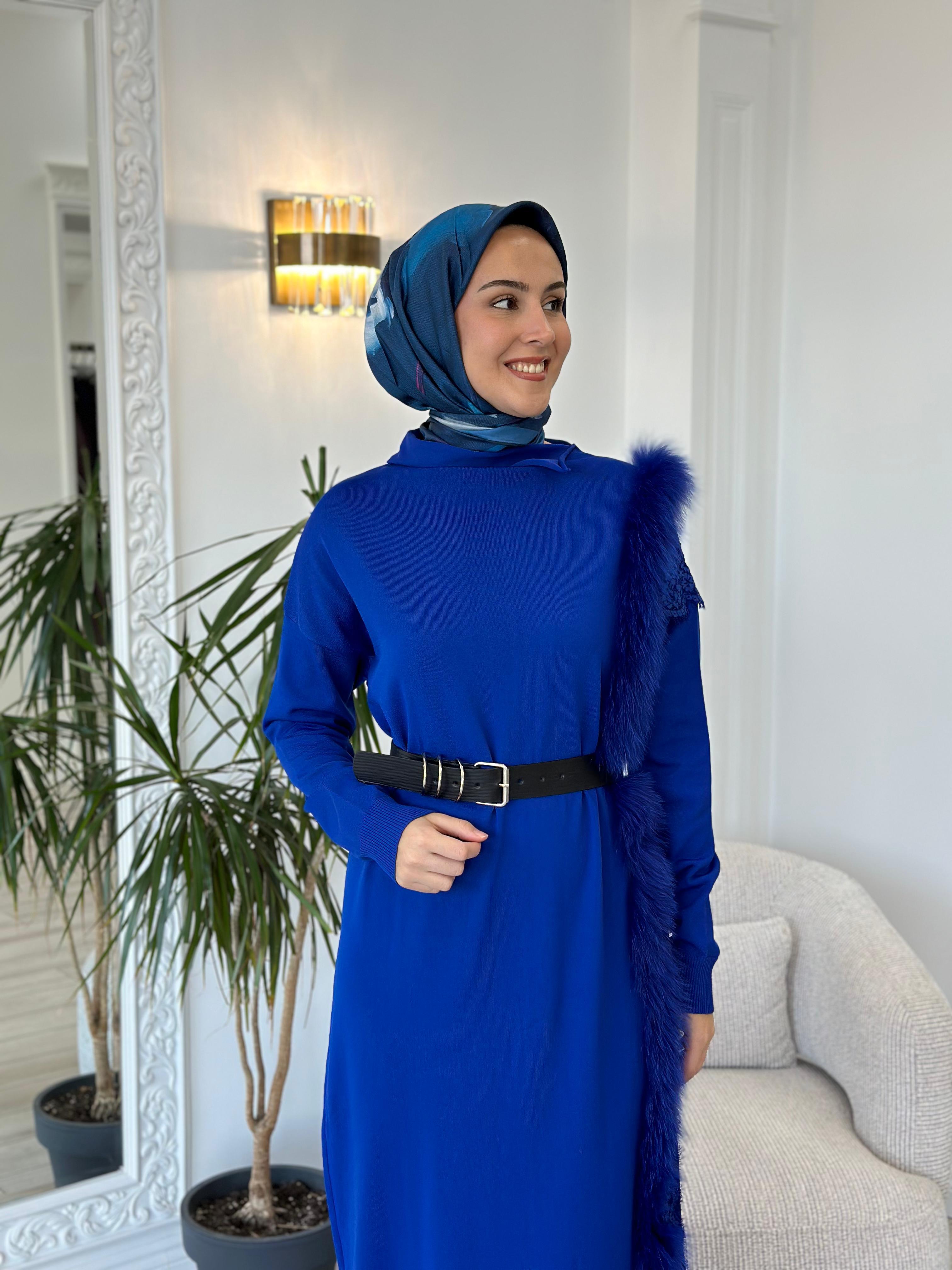 Misswhence Triko Kürklü Elbise Saks 36805