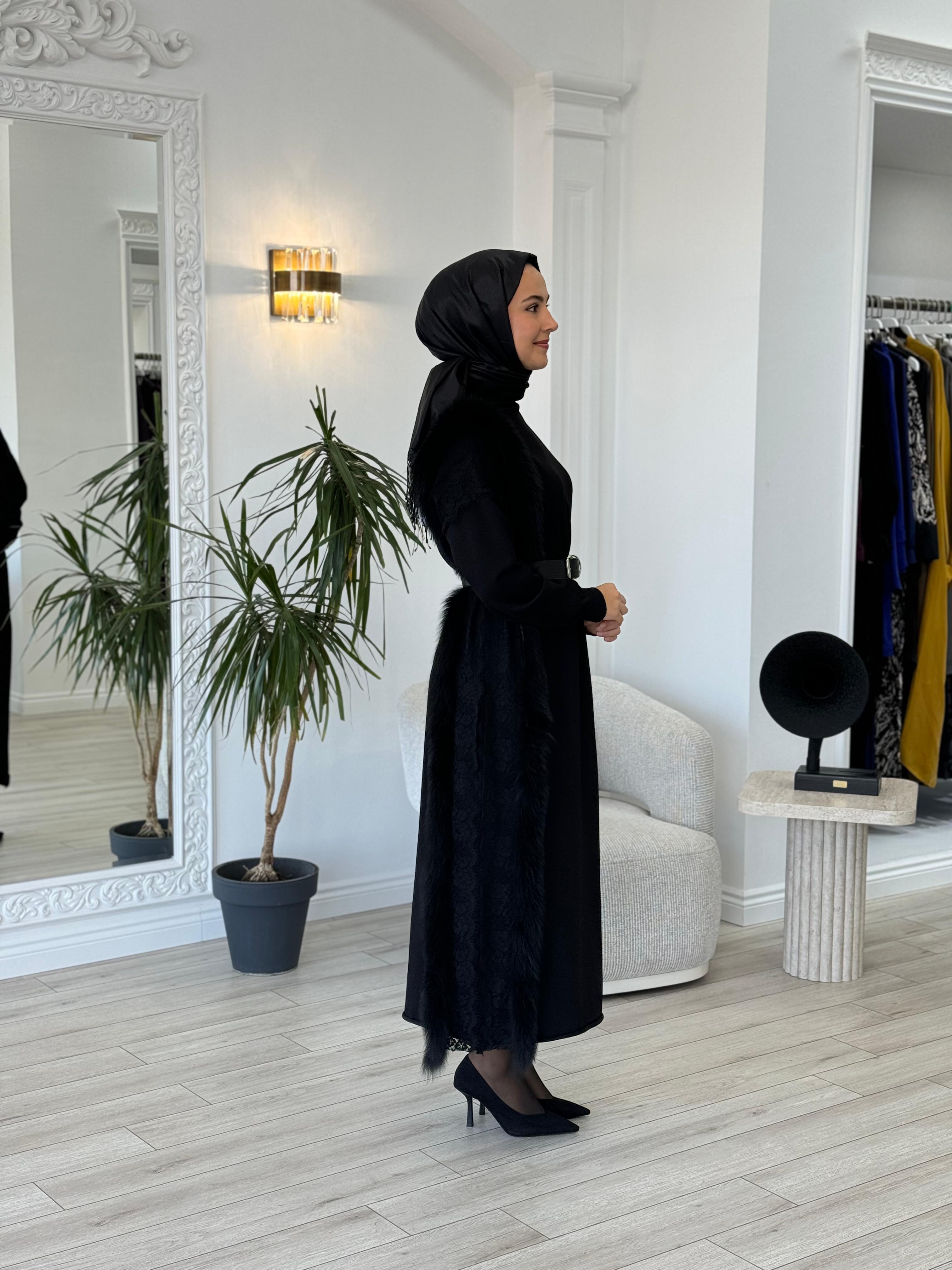 Misswhence Triko Kürklü Elbise Siyah 36805