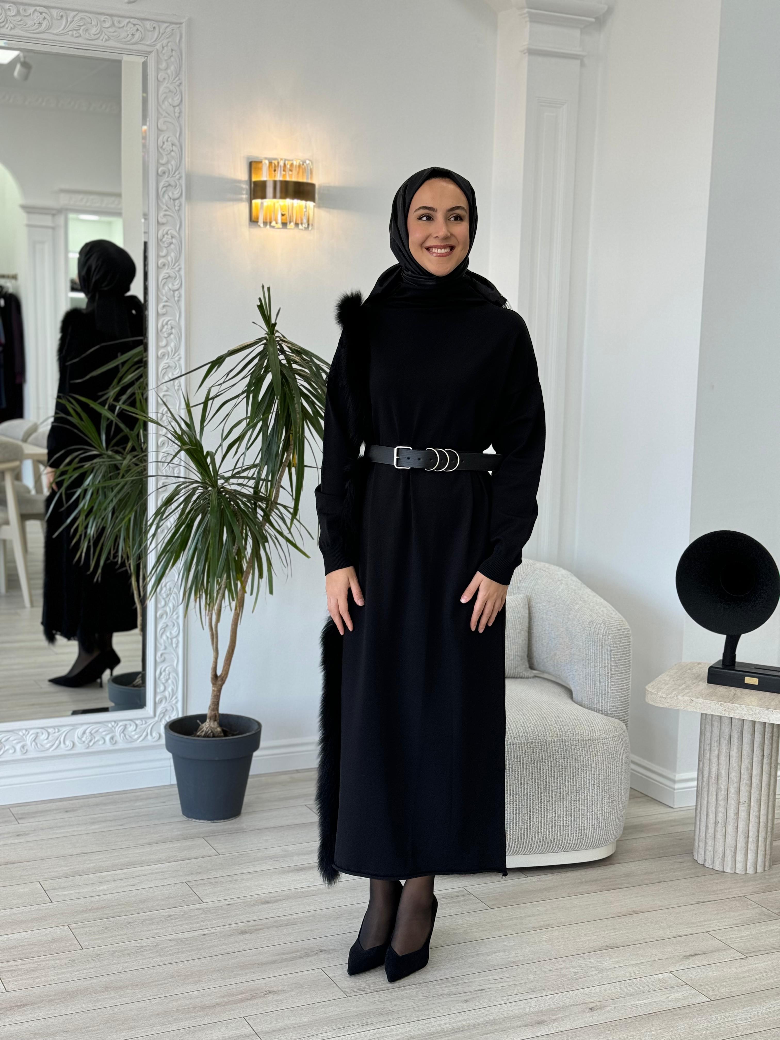 Misswhence Triko Kürklü Elbise Siyah 36805