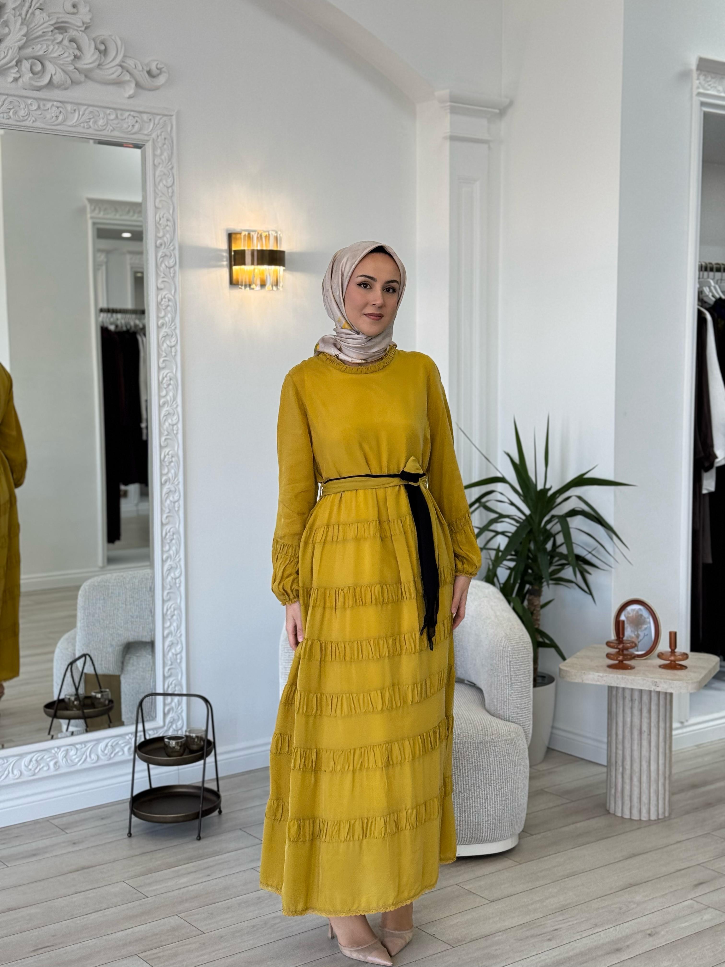 Misswhence Yakası Güpür Detaylı Elbise Sarı 35830