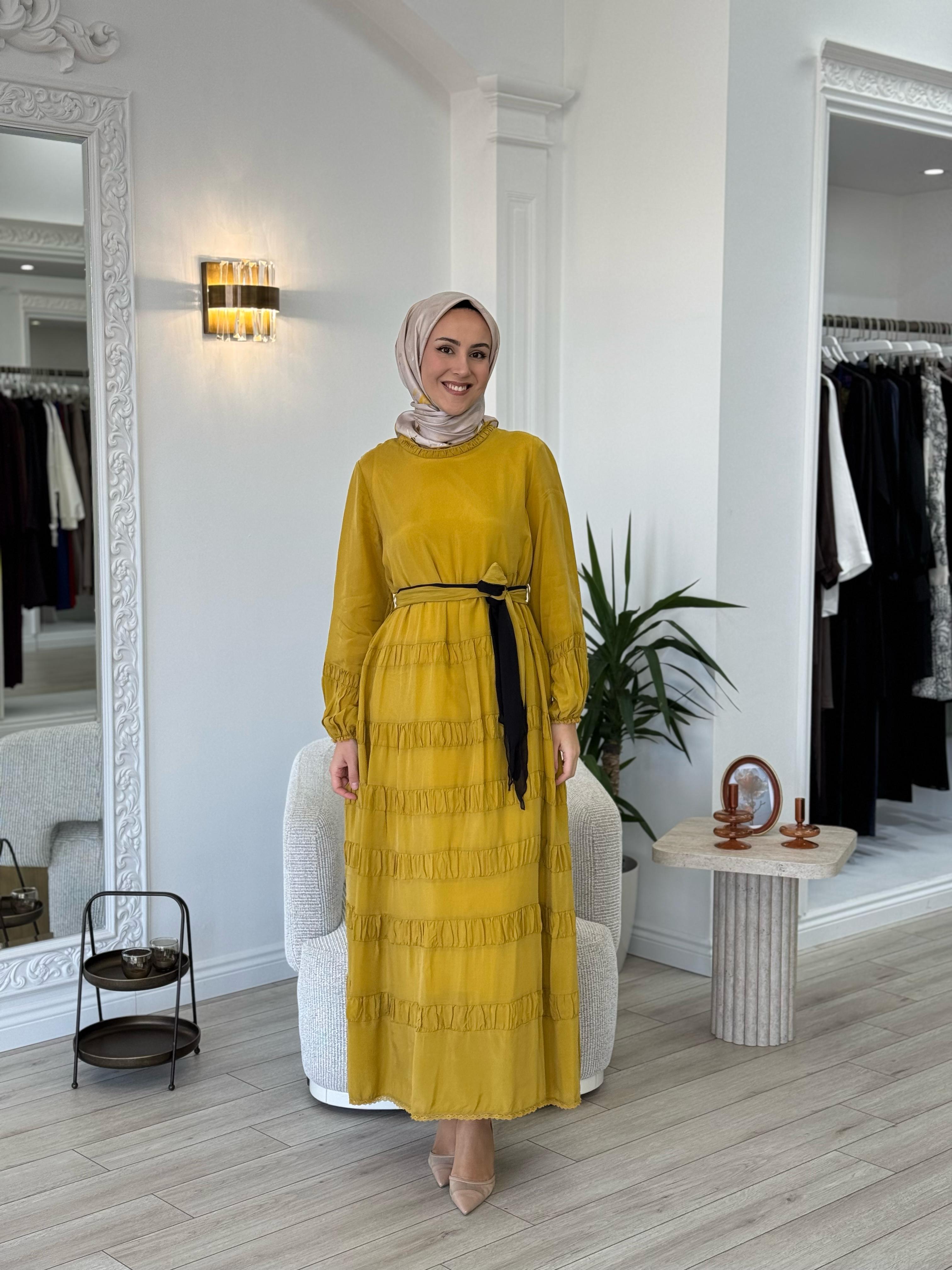 Misswhence Yakası Güpür Detaylı Elbise Sarı 35830