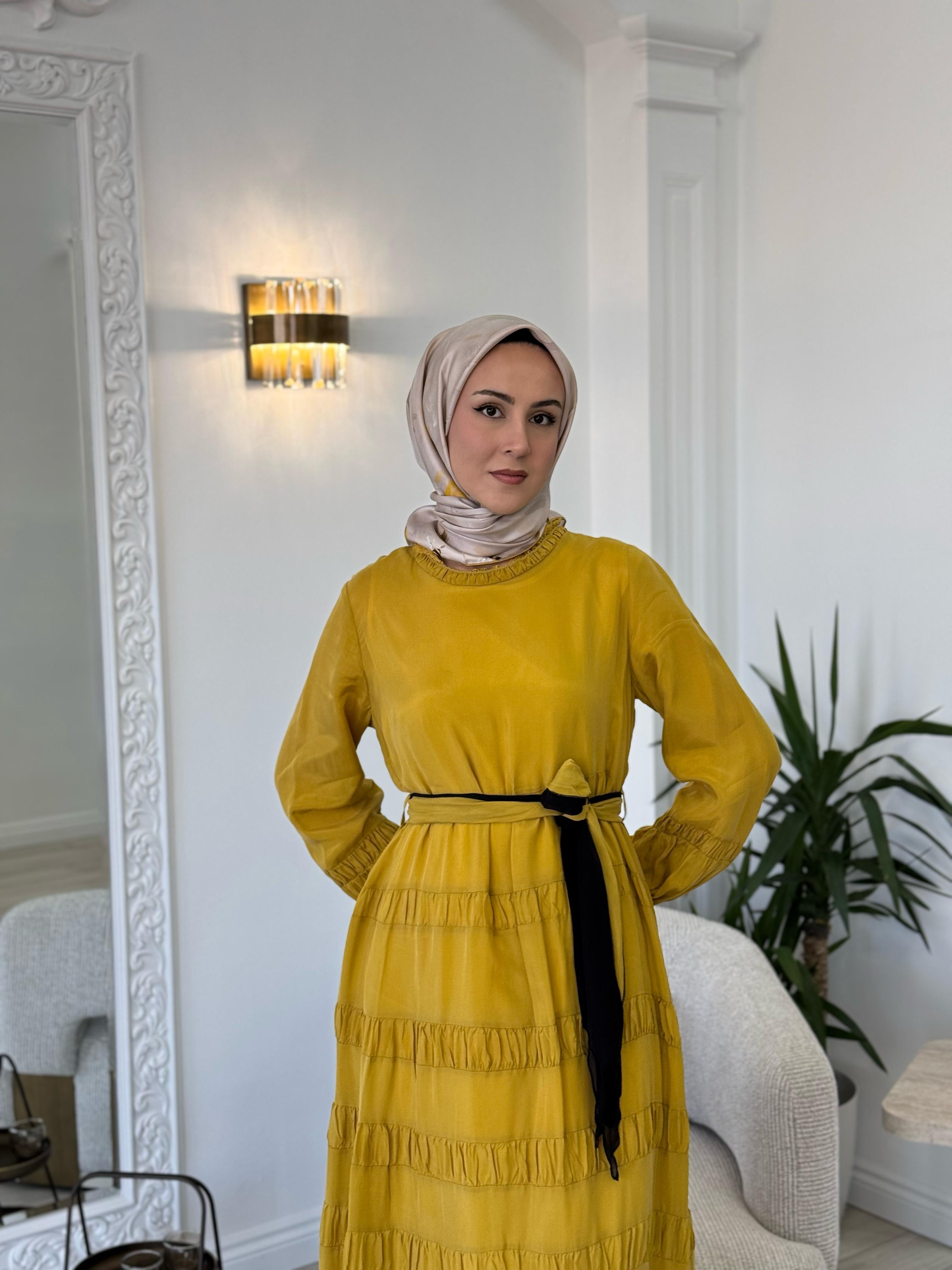 Misswhence Yakası Güpür Detaylı Elbise Sarı 35830