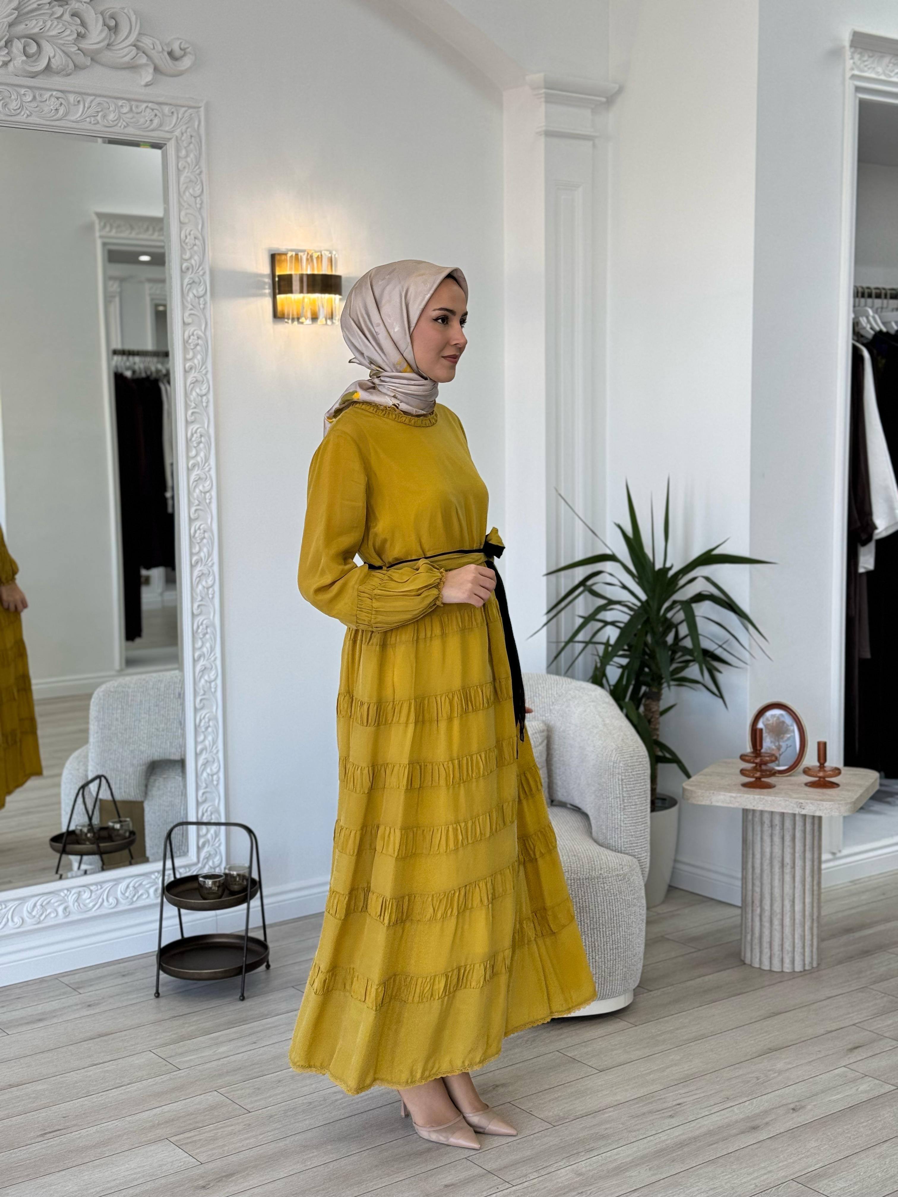 Misswhence Yakası Güpür Detaylı Elbise Sarı 35830