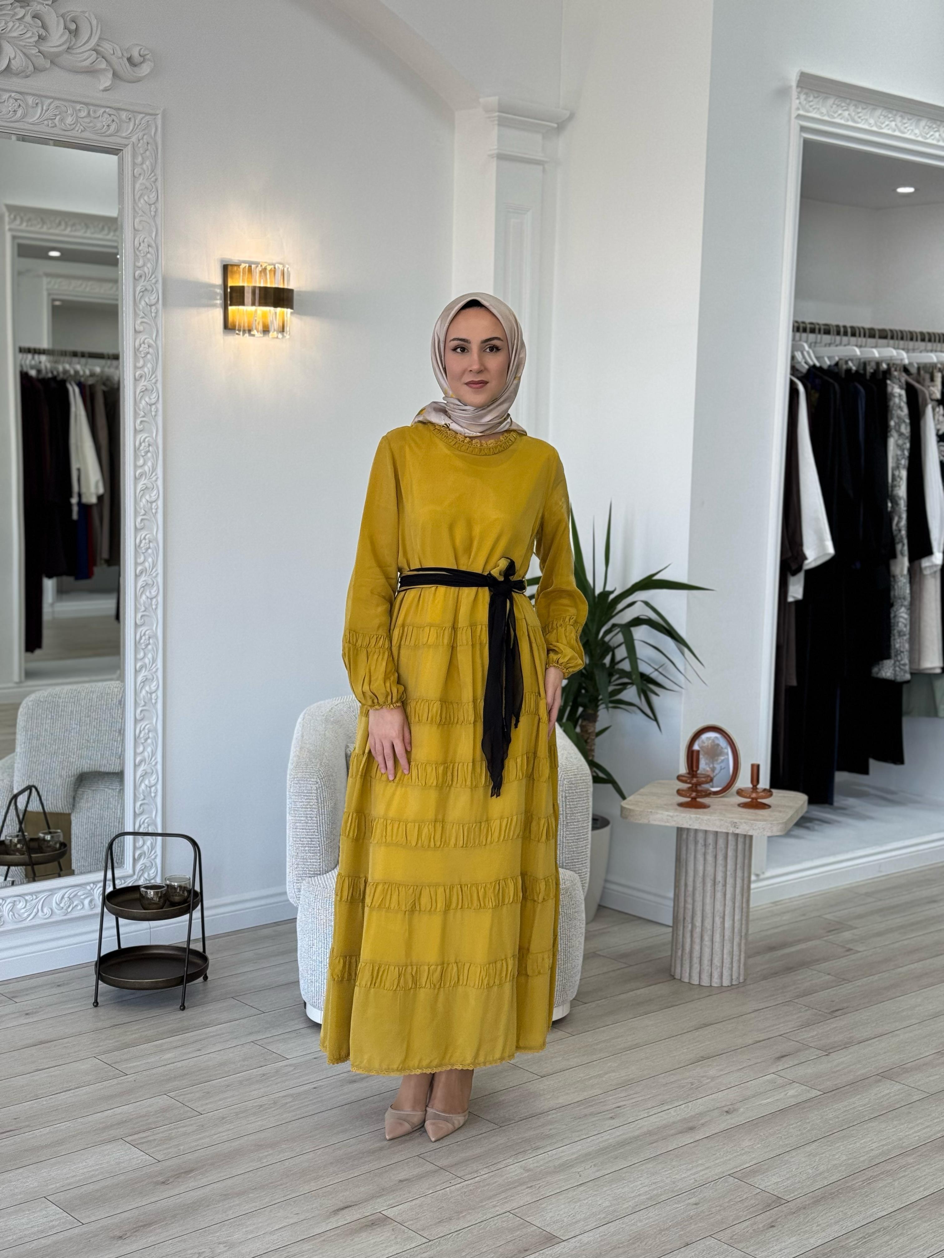 Misswhence Yakası Güpür Detaylı Elbise Sarı 35830