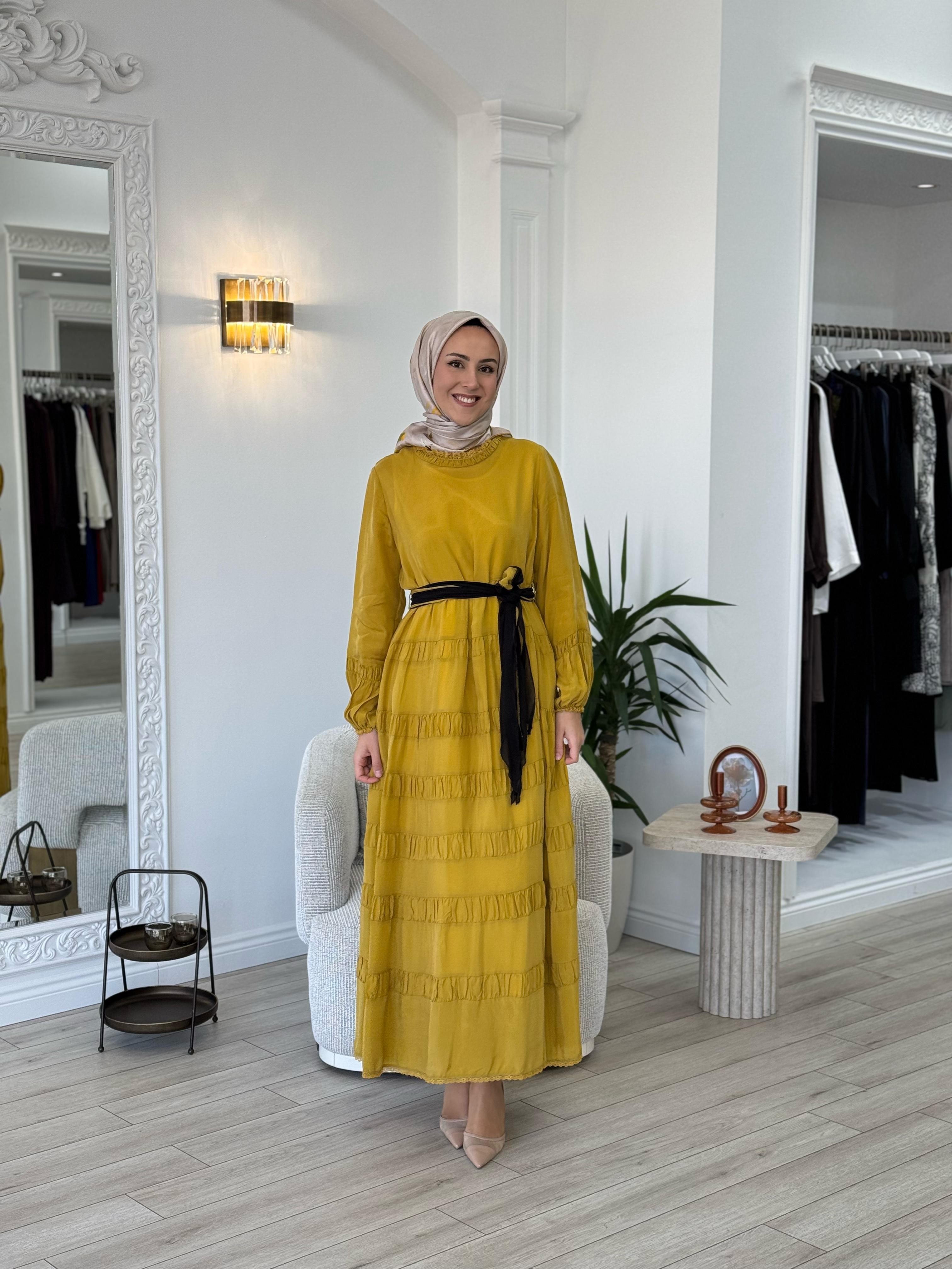 Misswhence Yakası Güpür Detaylı Elbise Sarı 35830