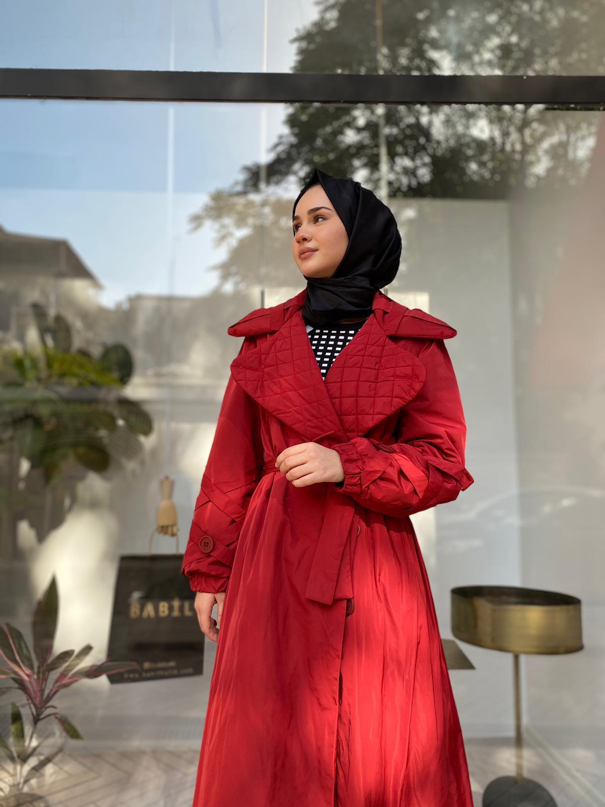 Misswhence Yakası Kapitone Bordo Trençkot 34515