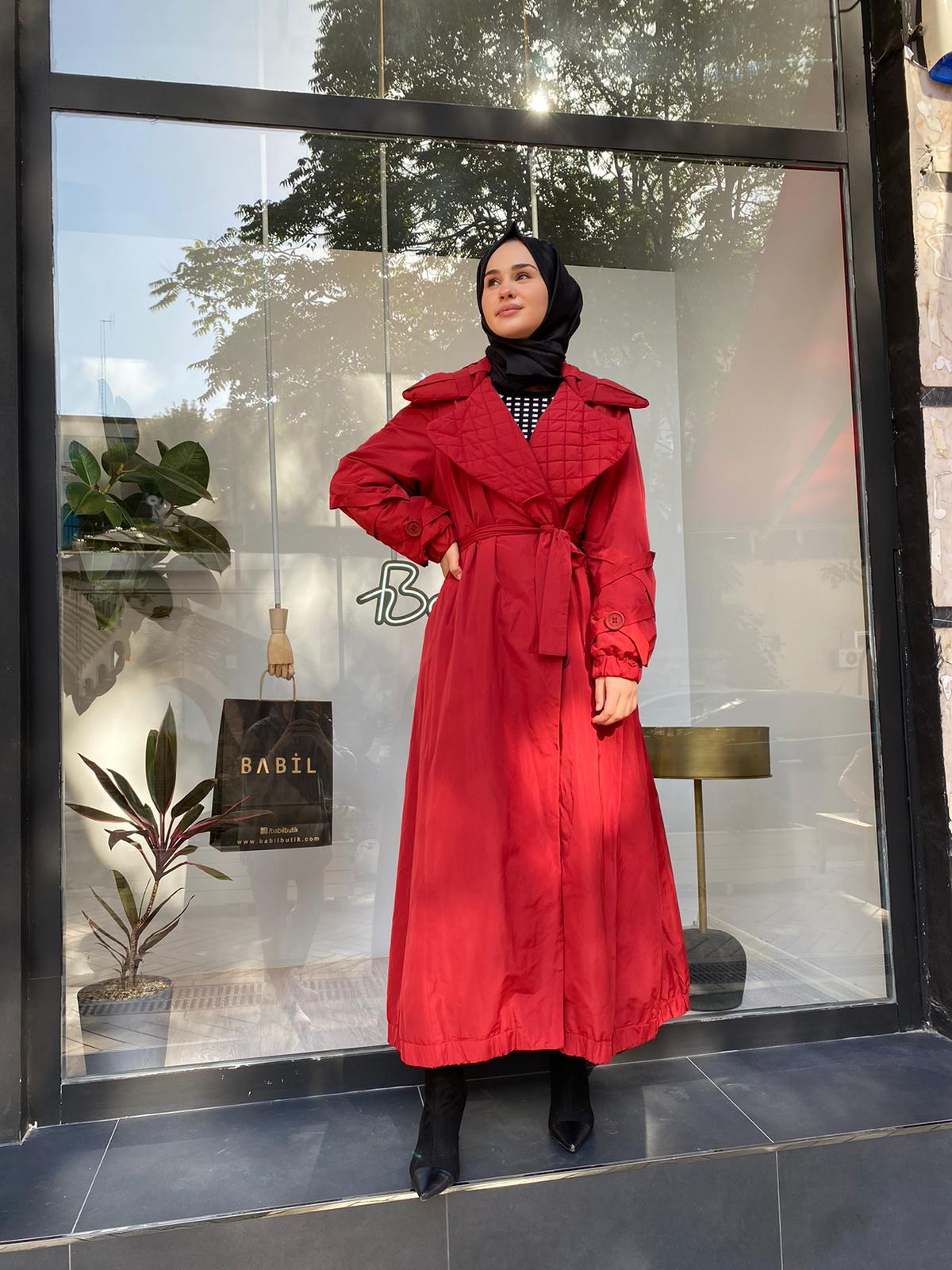 Misswhence Yakası Kapitone Bordo Trençkot 34515