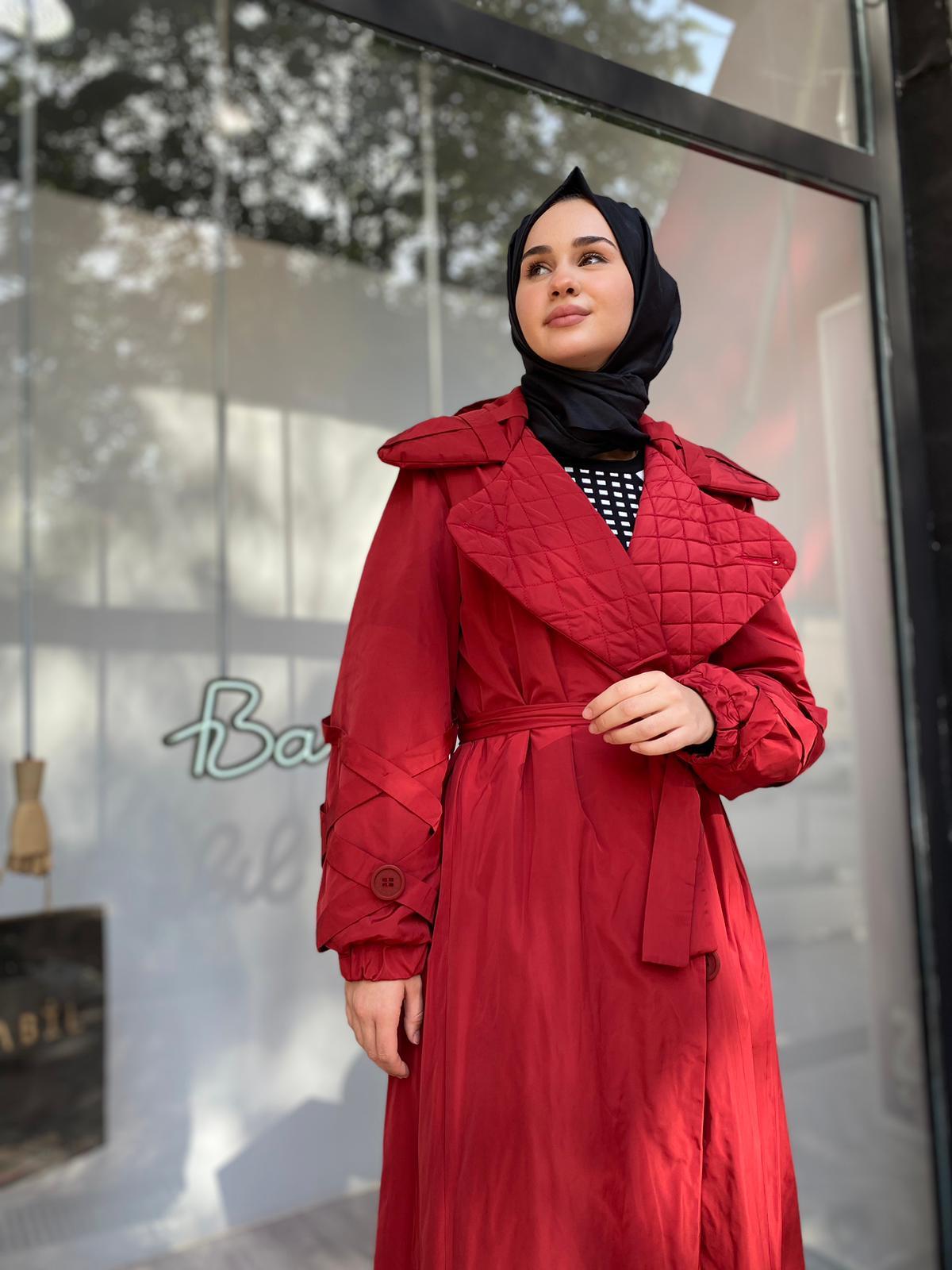 Misswhence Yakası Kapitone Bordo Trençkot 34515
