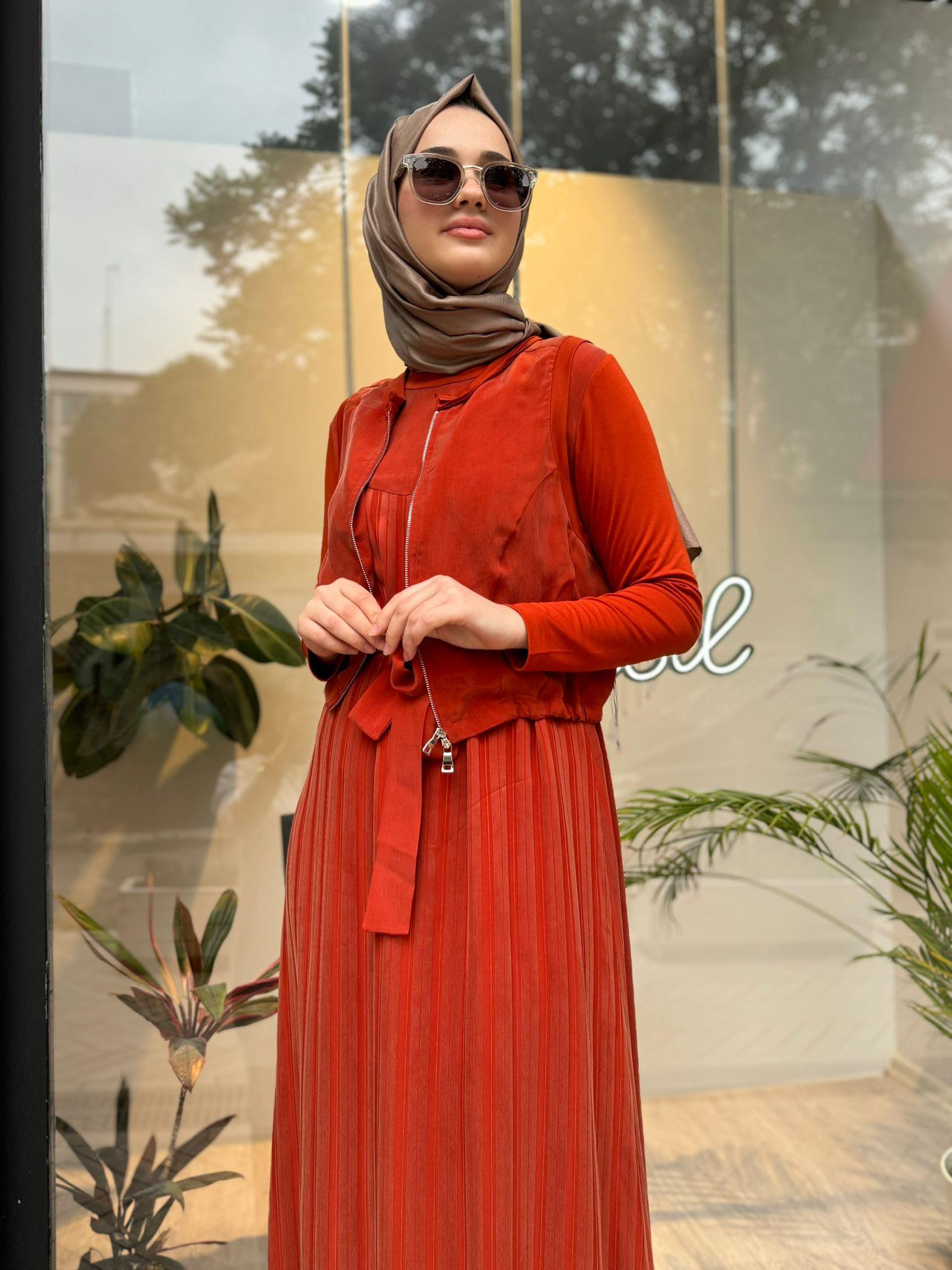 Misswhence Yelekli İpek Elbise Turuncu 35814