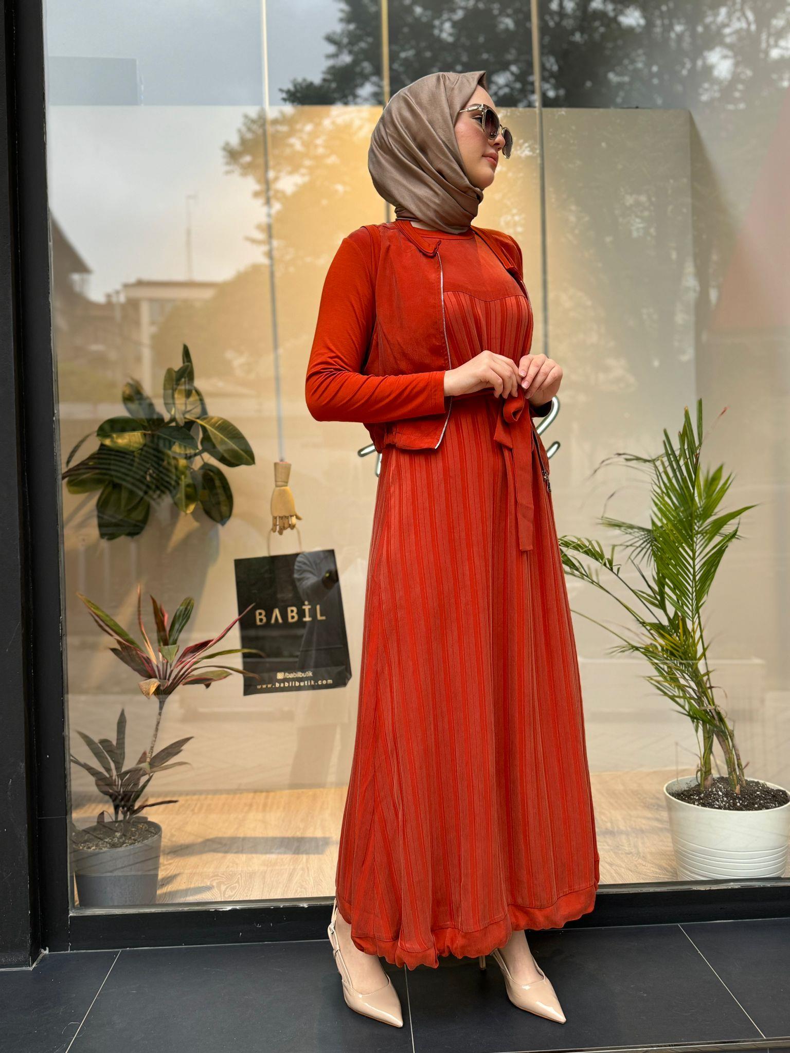 Misswhence Yelekli İpek Elbise Turuncu 35814