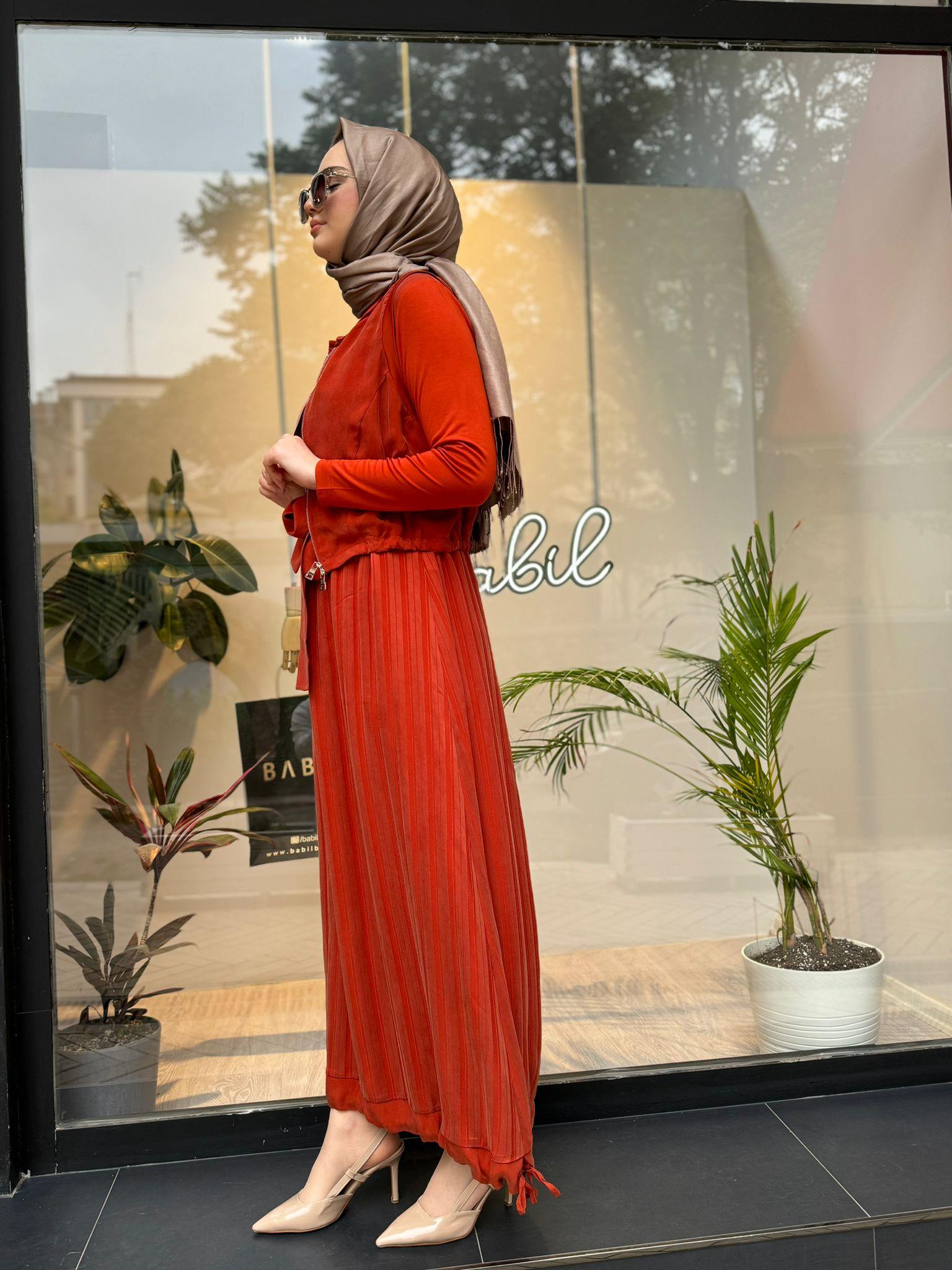Misswhence Yelekli İpek Elbise Turuncu 35814