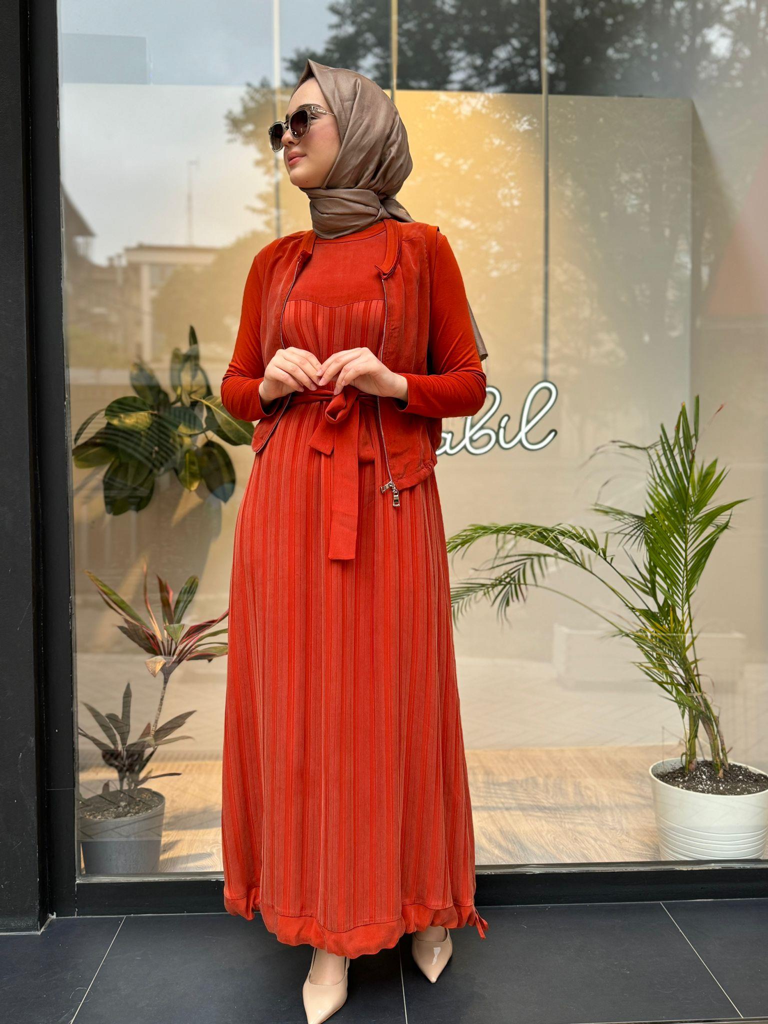 Misswhence Yelekli İpek Elbise Turuncu 35814