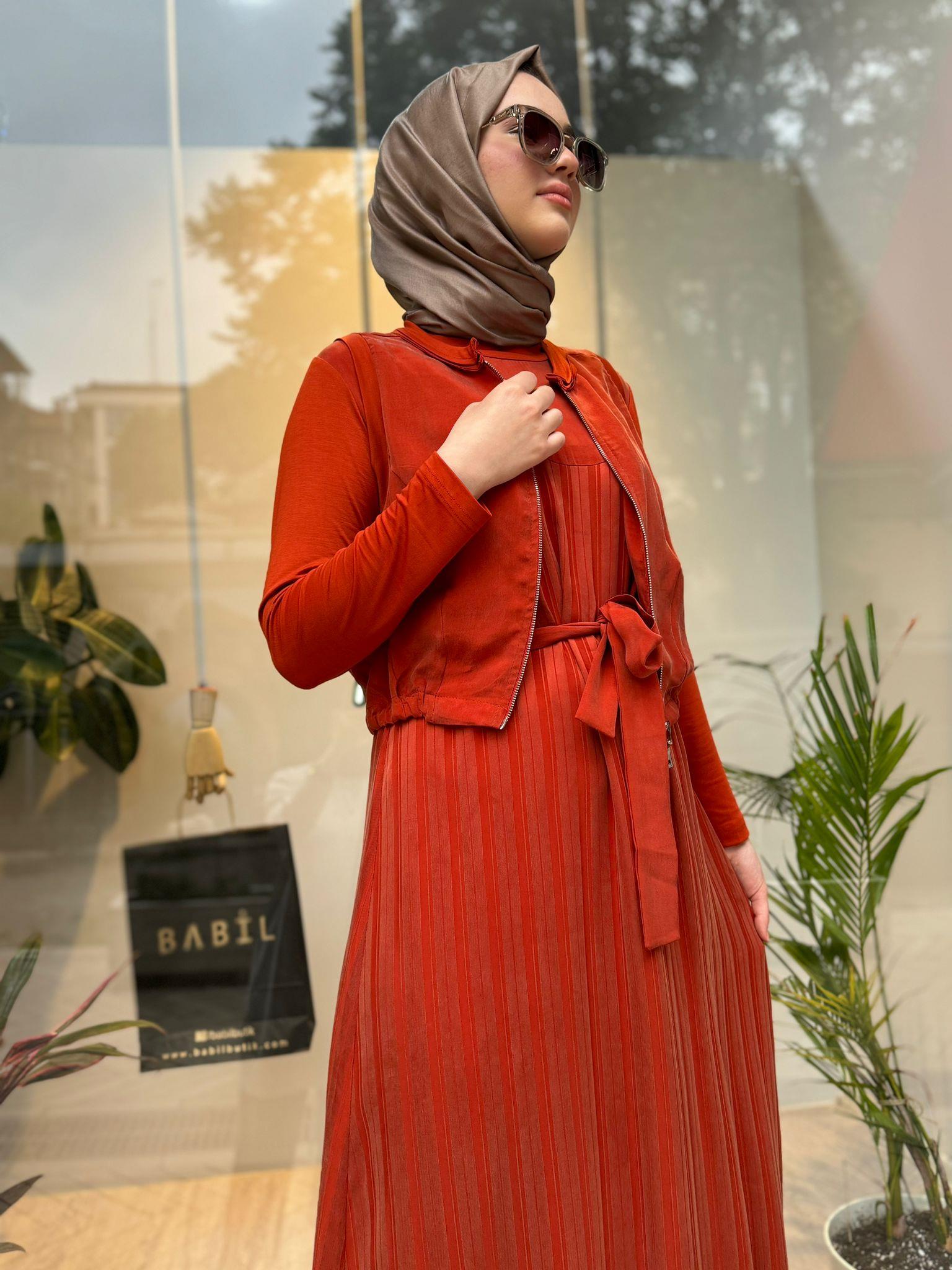 Misswhence Yelekli İpek Elbise Turuncu 35814