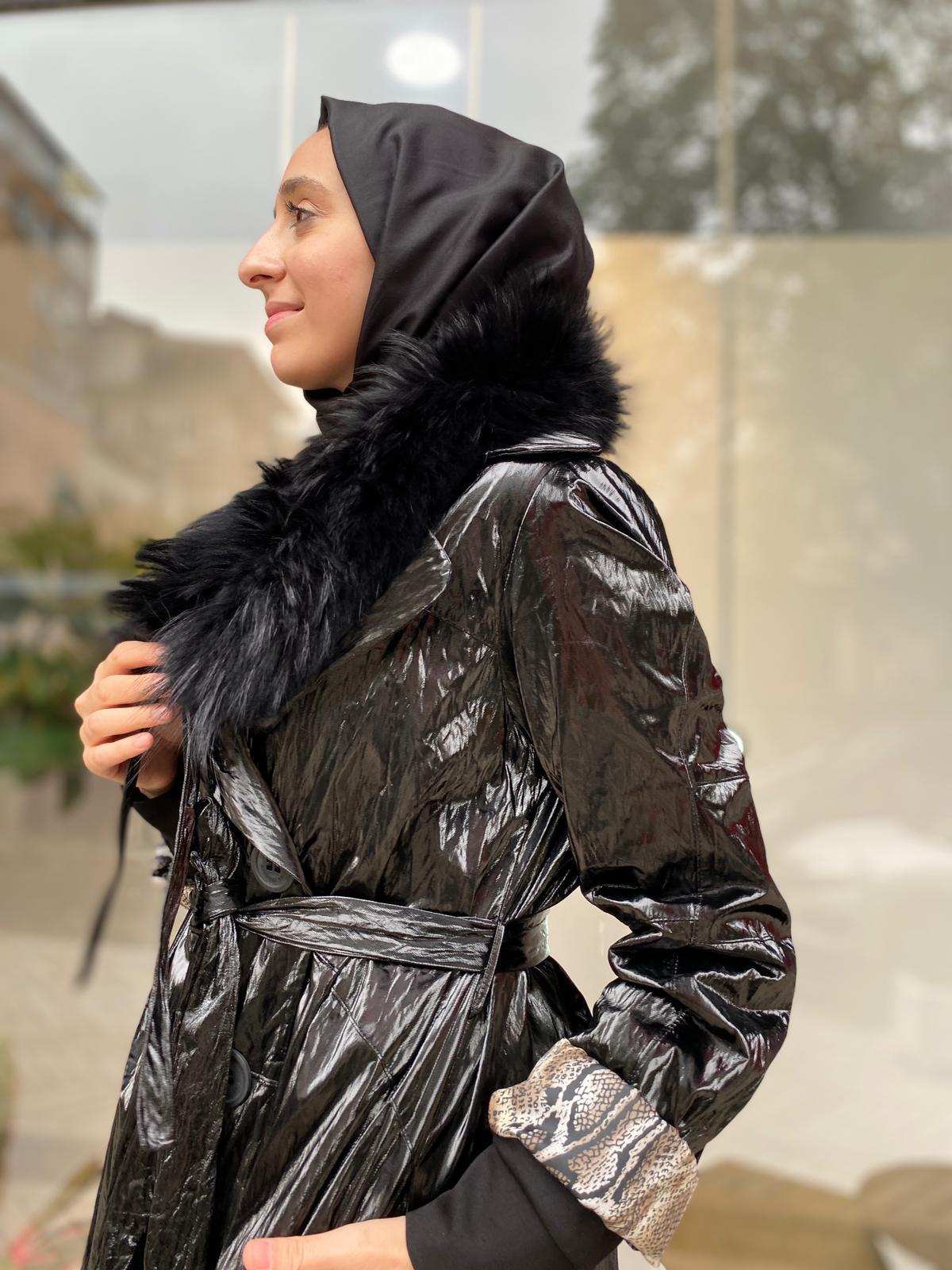 Misswhence Yılan Astar Parlak Pardesü Siyah 34519 - Babilbutik