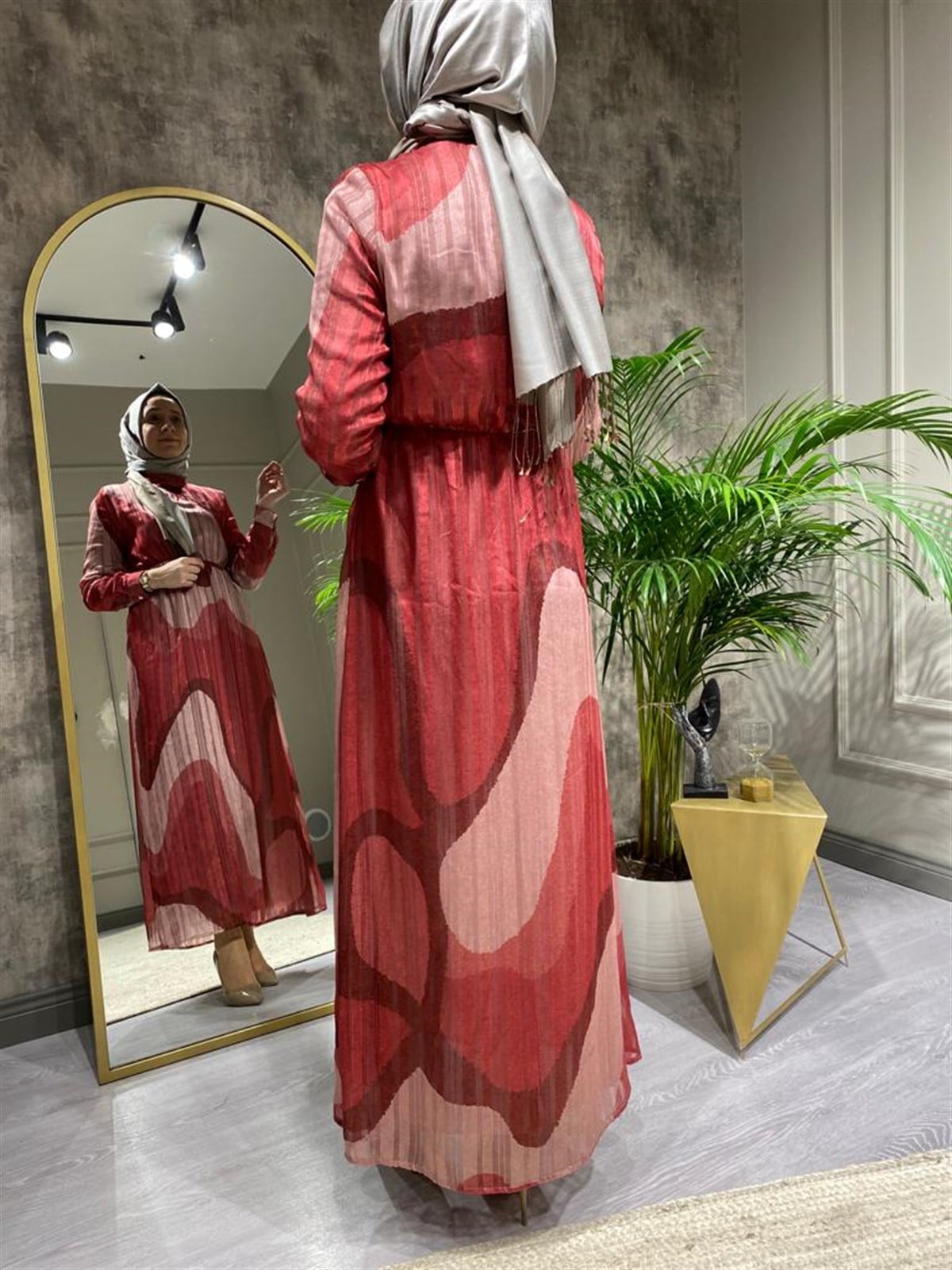 Mizalle Sim Baskılı Desenli Elbise Kırmızı