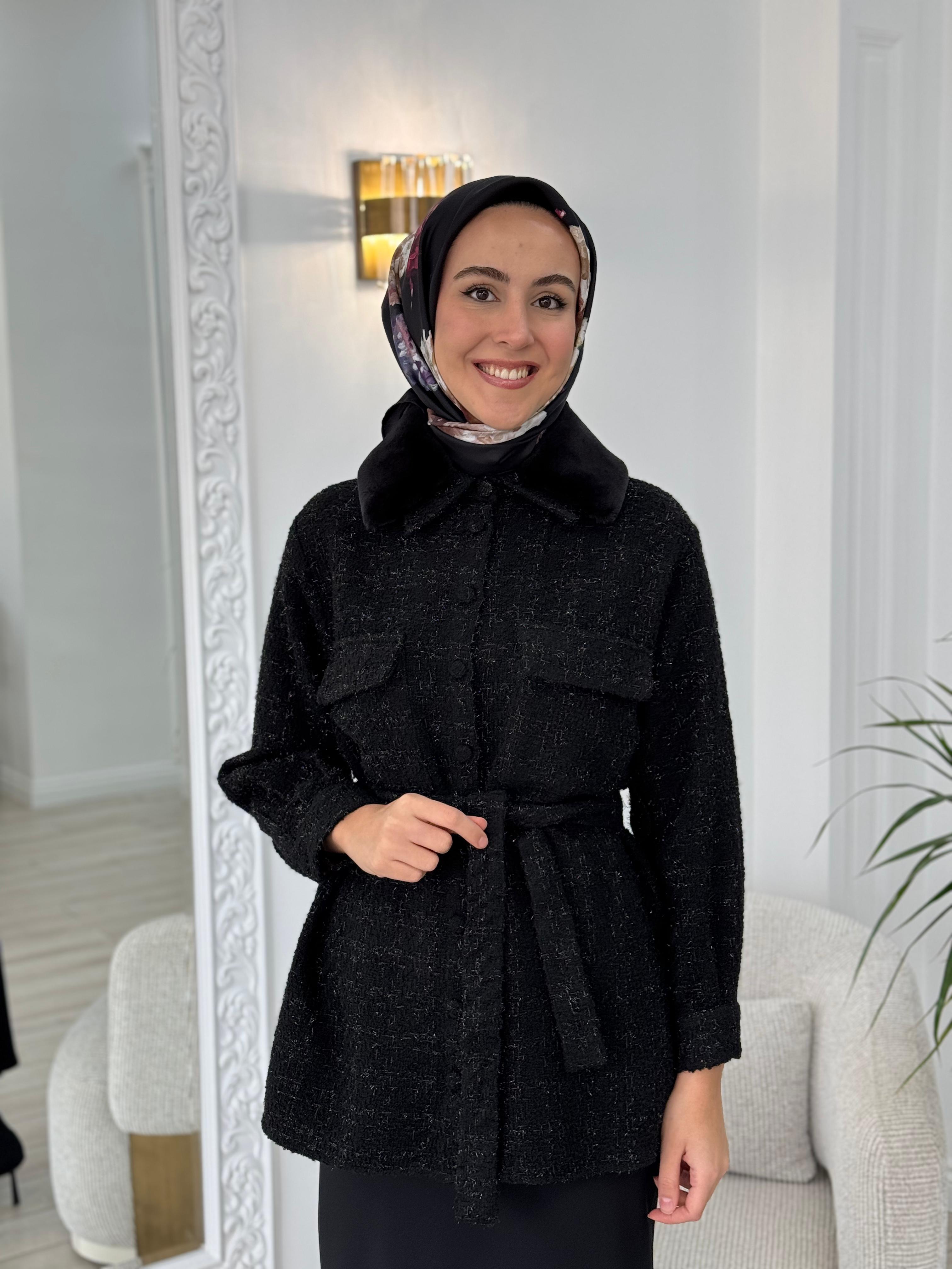Niqozza Alda Yakası Kürklü Tüvit Ceket nq25fw-40106